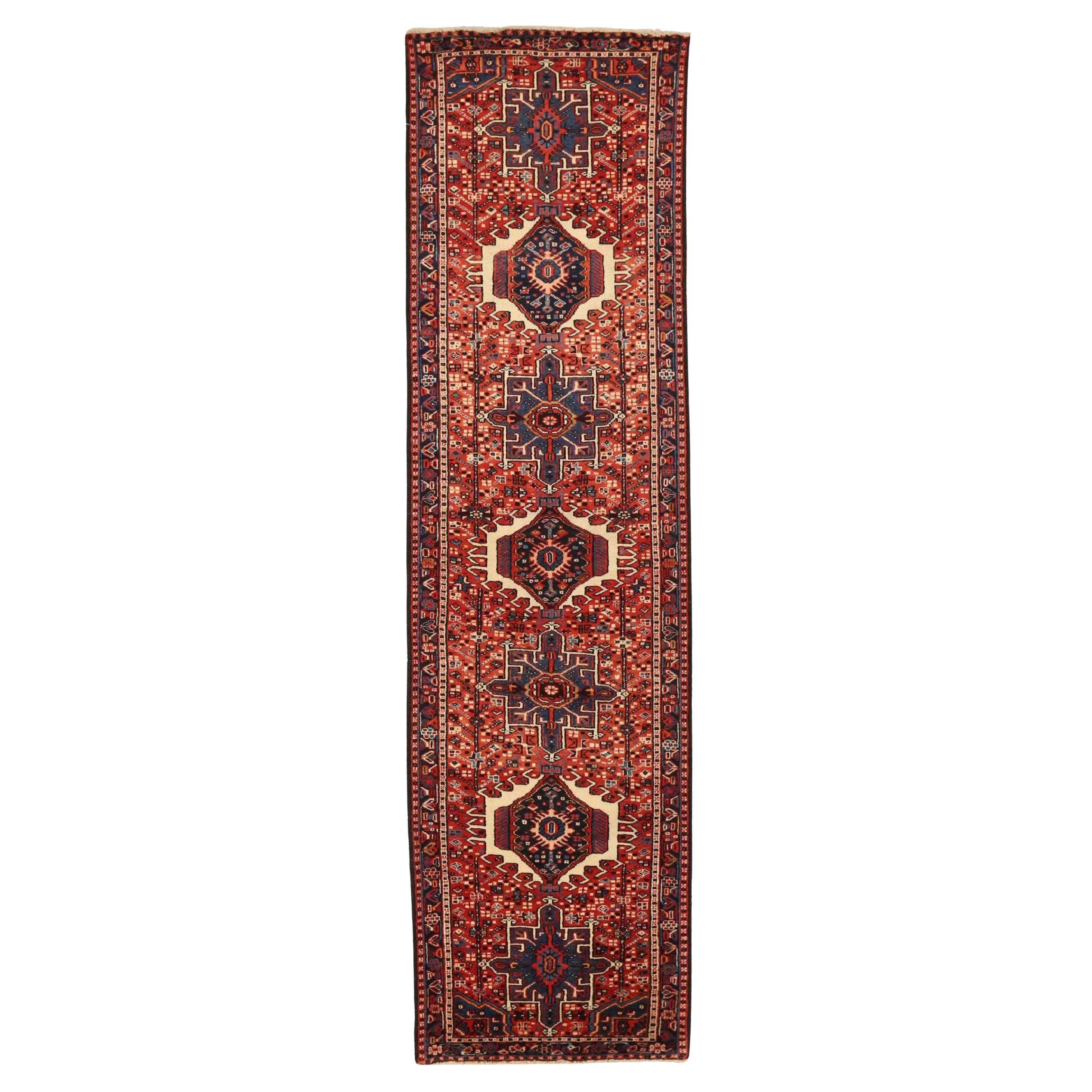 Tappeto Persiano Karajeh Runner Circa 1910 - Lana Avorio Blu Navy Rosso 72015