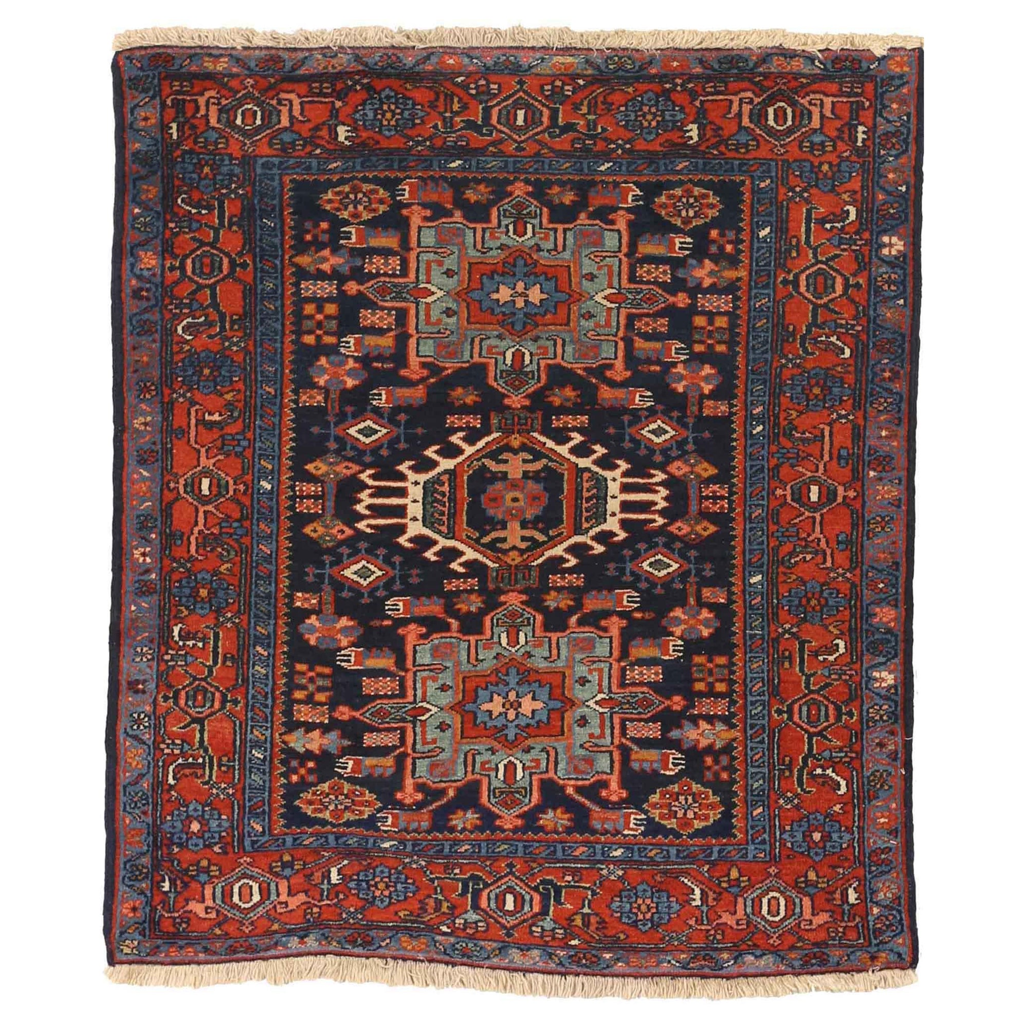 Persischer Karajeh Kleiner Teppich Circa 1910 - Wolle Blau Marineblau Rot 71135
