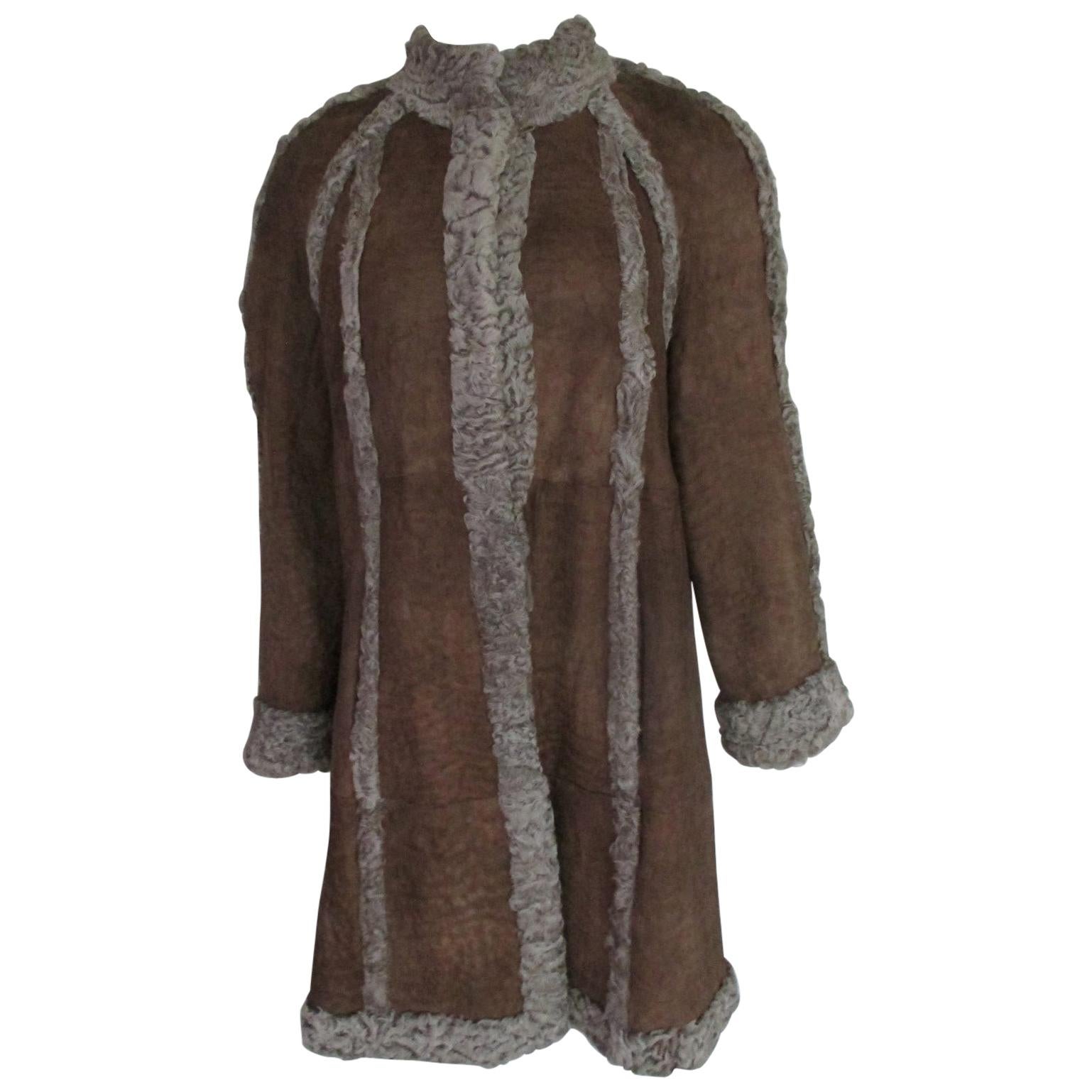 Persian Karakul Lamb Fur Reversible coat with Brown Suede  For Sale