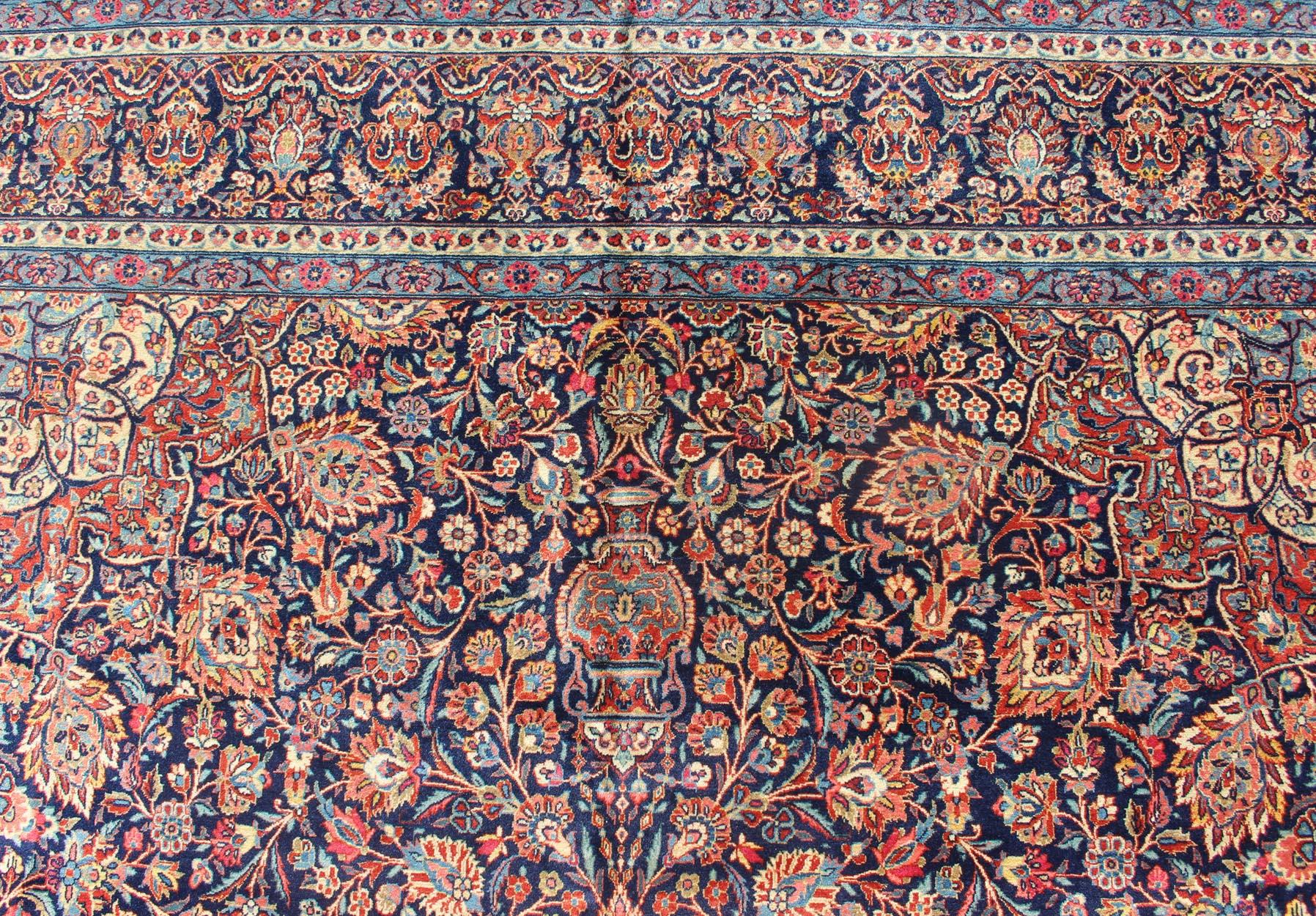 Persian Kashan All-Over Floral Fine Weave in Navy Background For Sale 3