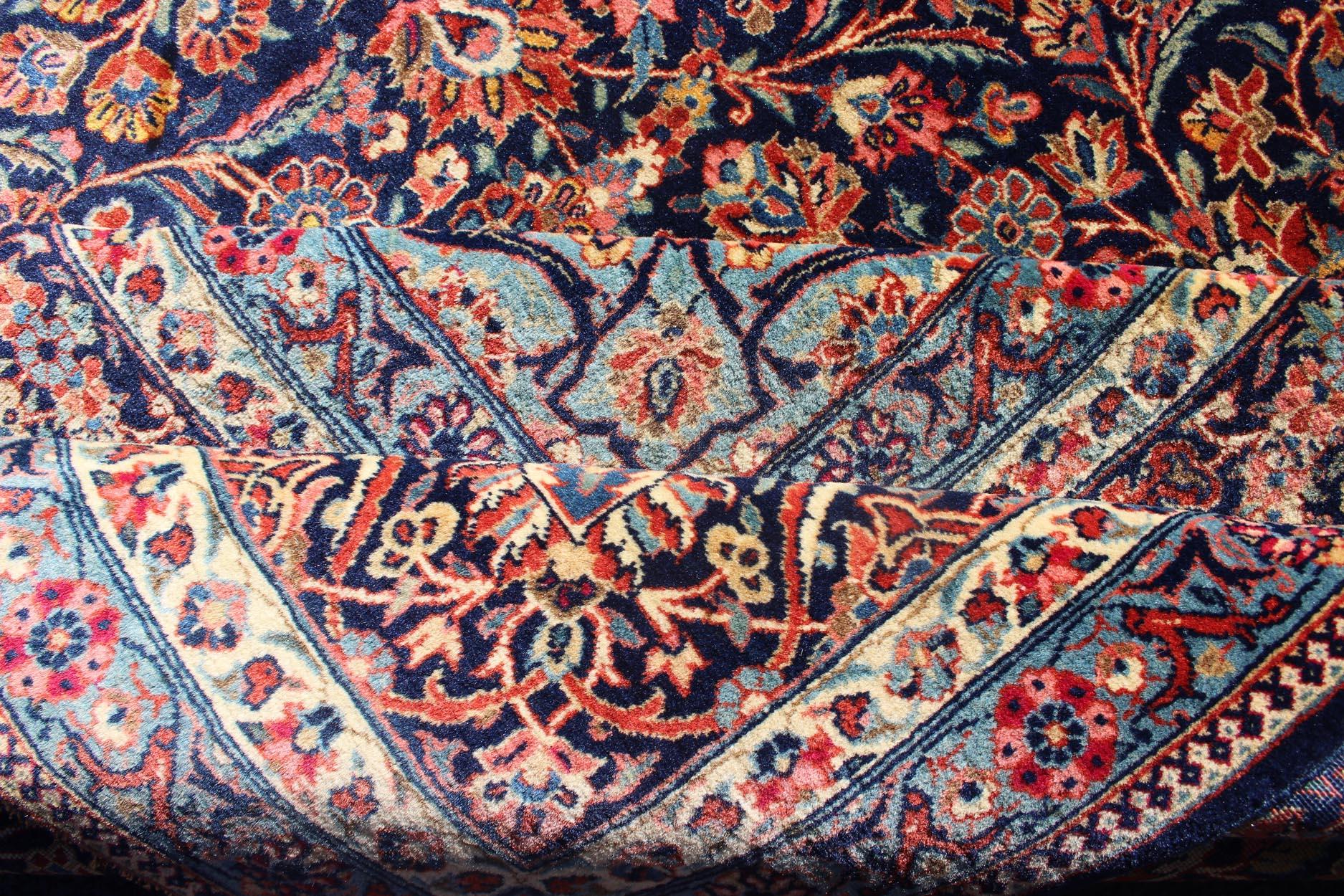Persian Kashan All-Over Floral Fine Weave in Navy Background For Sale 6
