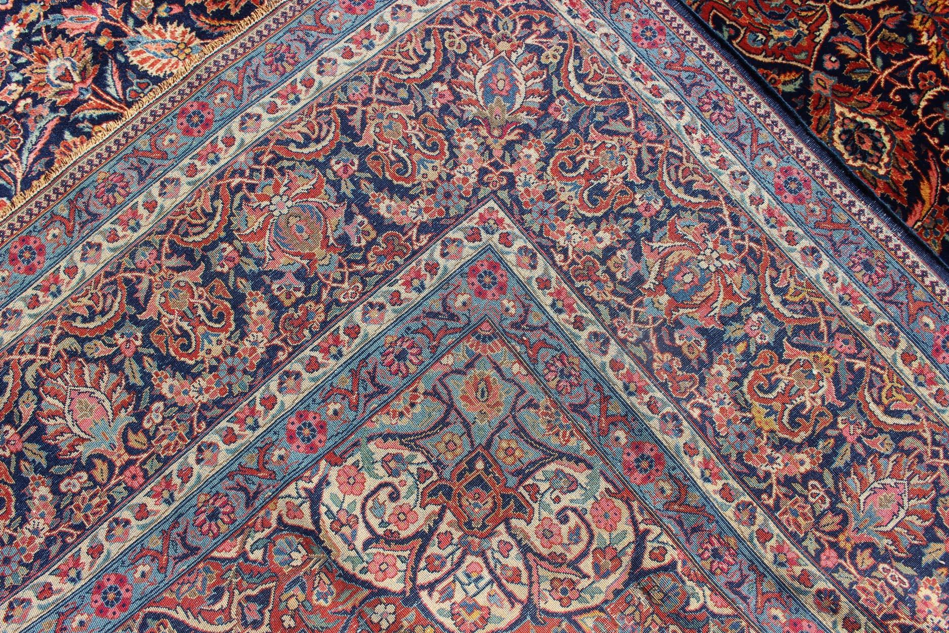 Persian Kashan All-Over Floral Fine Weave in Navy Background In Good Condition For Sale In Atlanta, GA