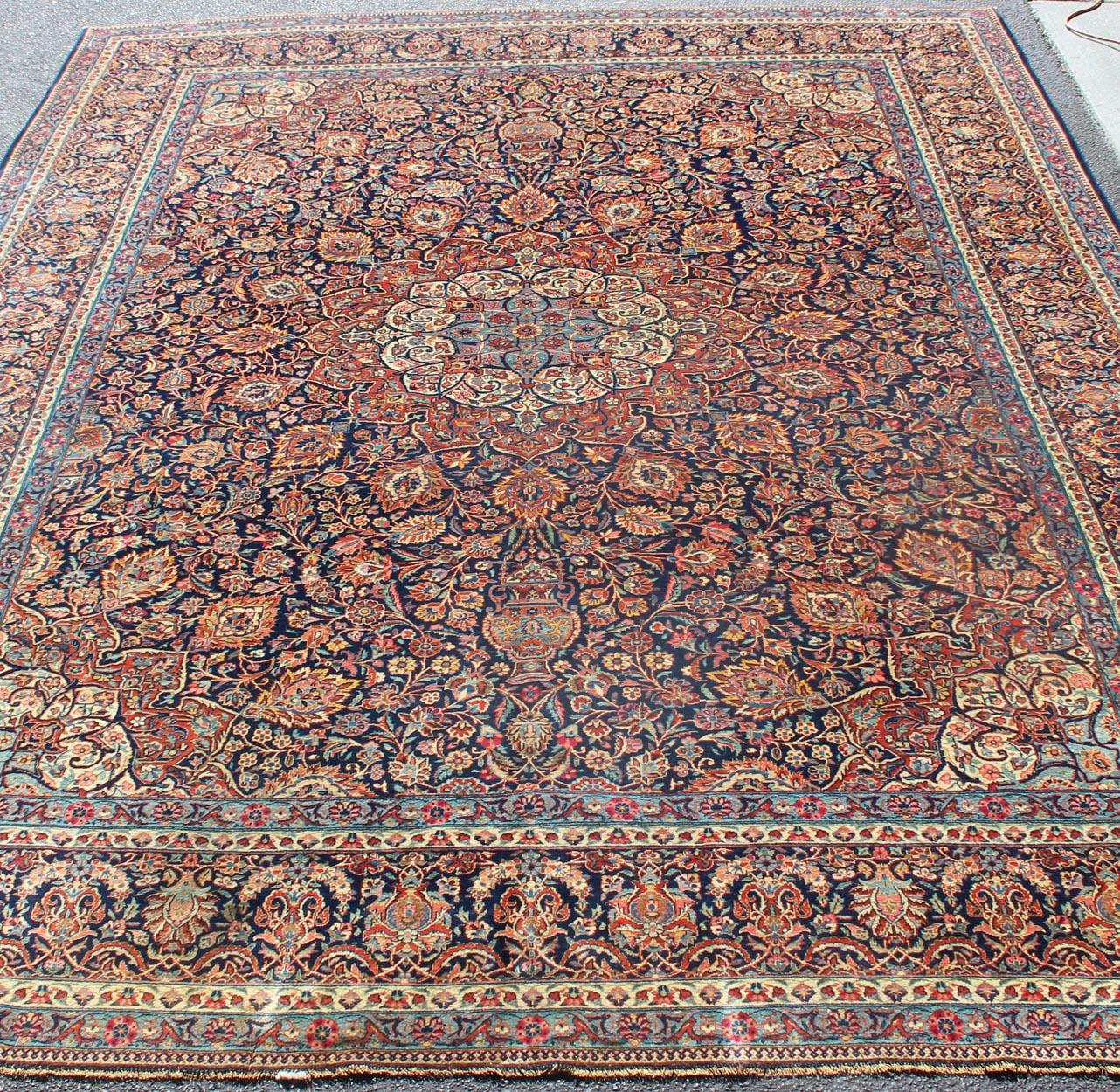 Wool Persian Kashan All-Over Floral Fine Weave in Navy Background For Sale