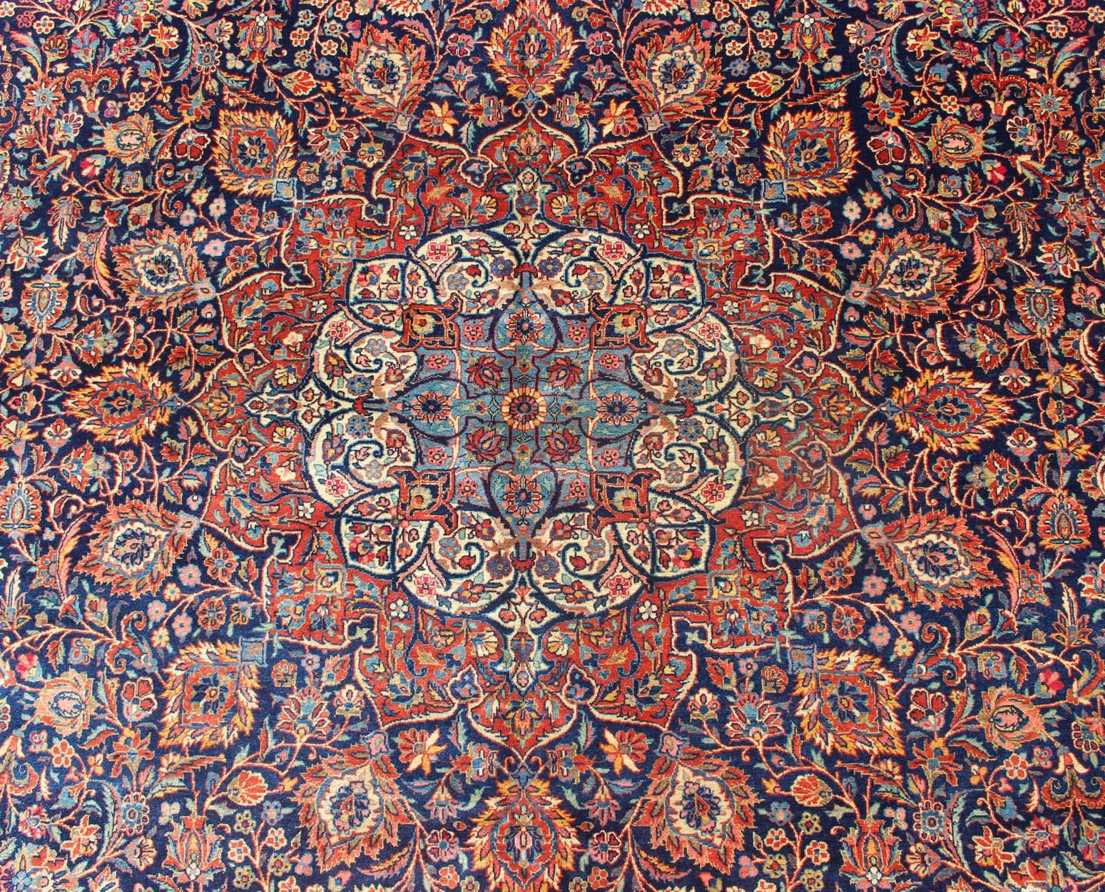 Persian Kashan All-Over Floral Fine Weave in Navy Background For Sale 2