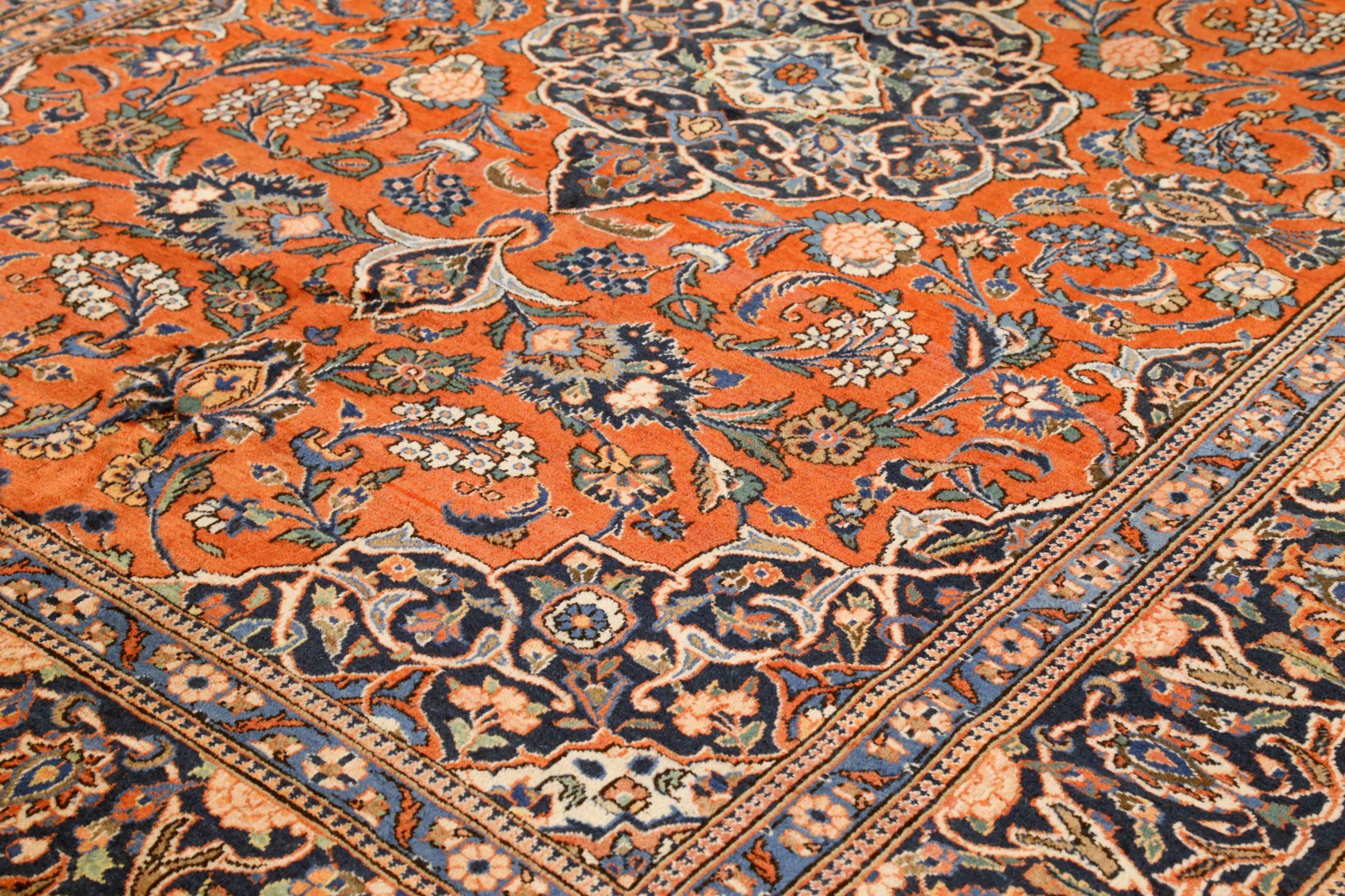 Asian Persian Kashan Area Rugs - Wool Ivory Navy Blue Red Design - 75326 For Sale