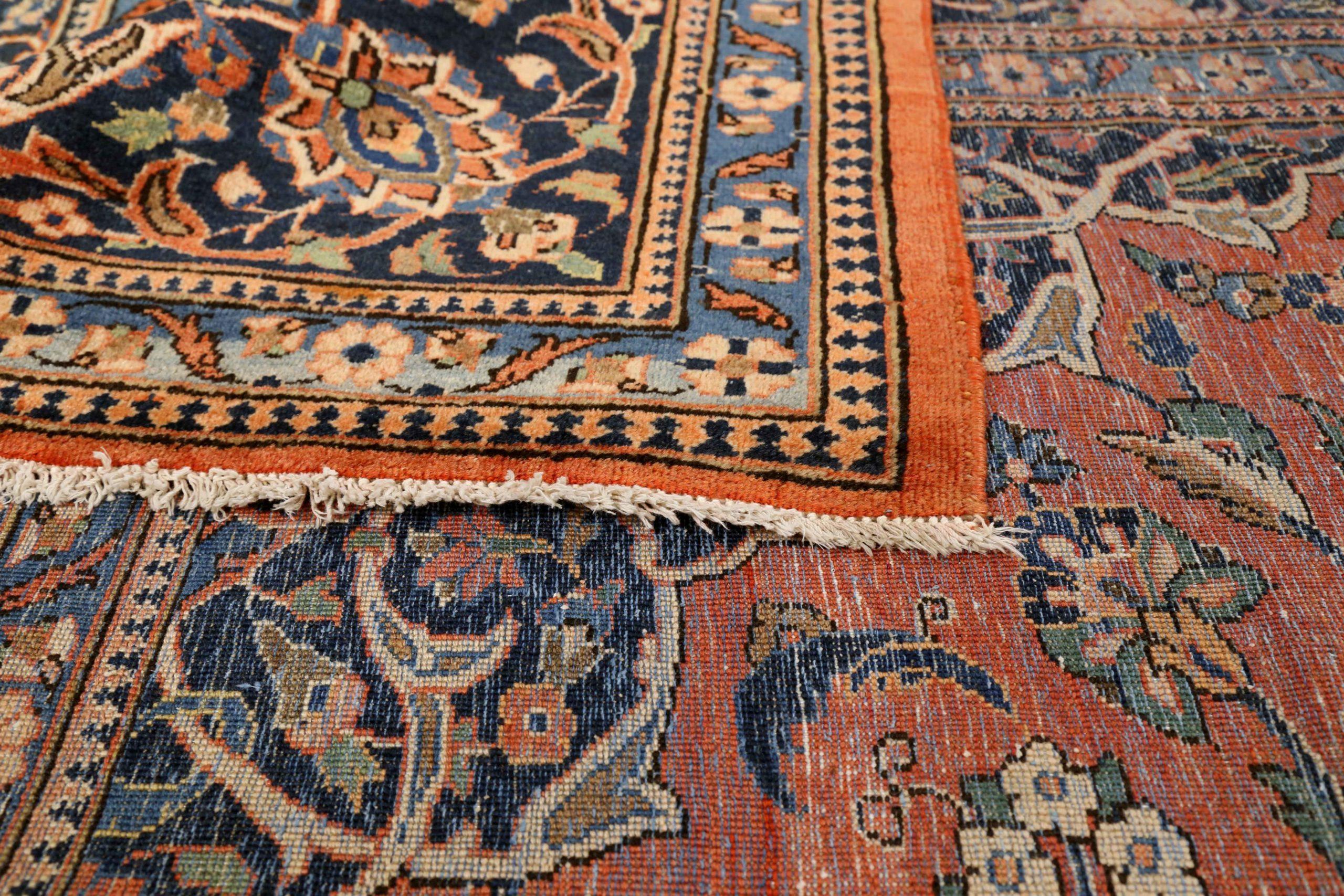Persian Kashan Area Rugs - Wool Ivory Navy Blue Red Design - 75326 In Excellent Condition For Sale In Dallas, TX