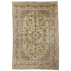 Tapis persans de Kashan datant d'environ 1940, motif en laine bleu vert ivoire - 75242