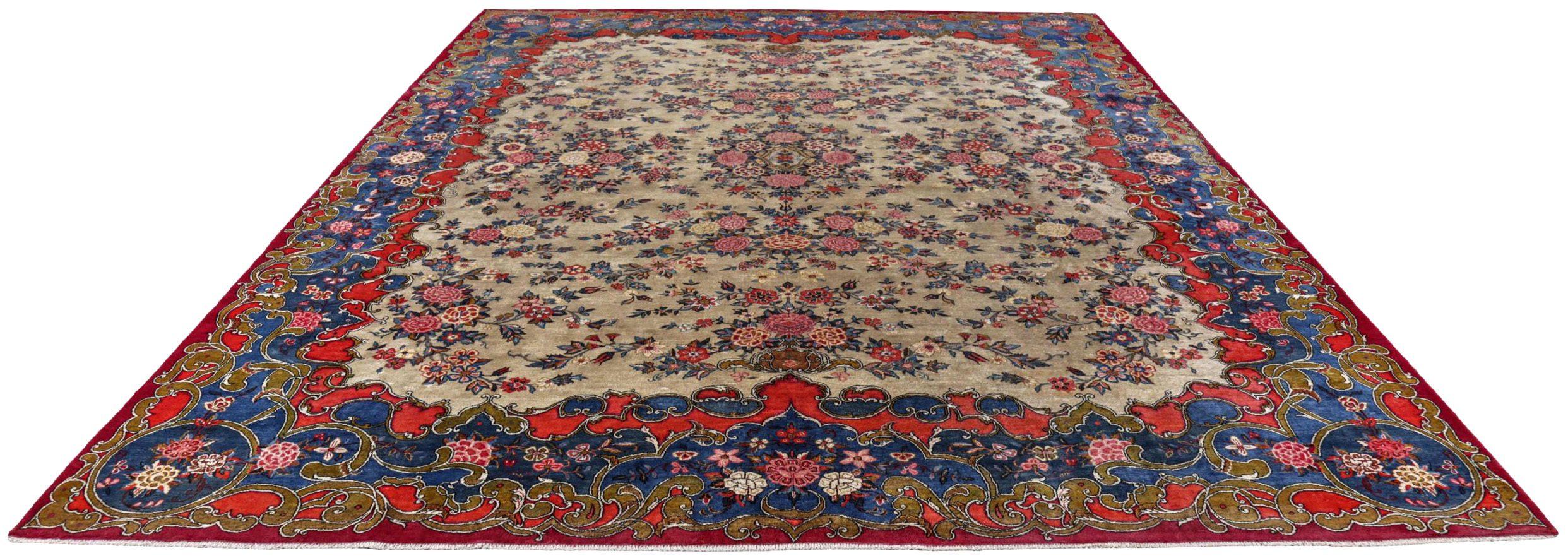 Entdecken Sie die Eleganz des persischen Kashan mit Teppichen von CIRCA 1940. Dieses exklusive Design aus Wolle und Blau-Elfenbein-Rot ist perfekt, um Ihren Raum zu verschönern.