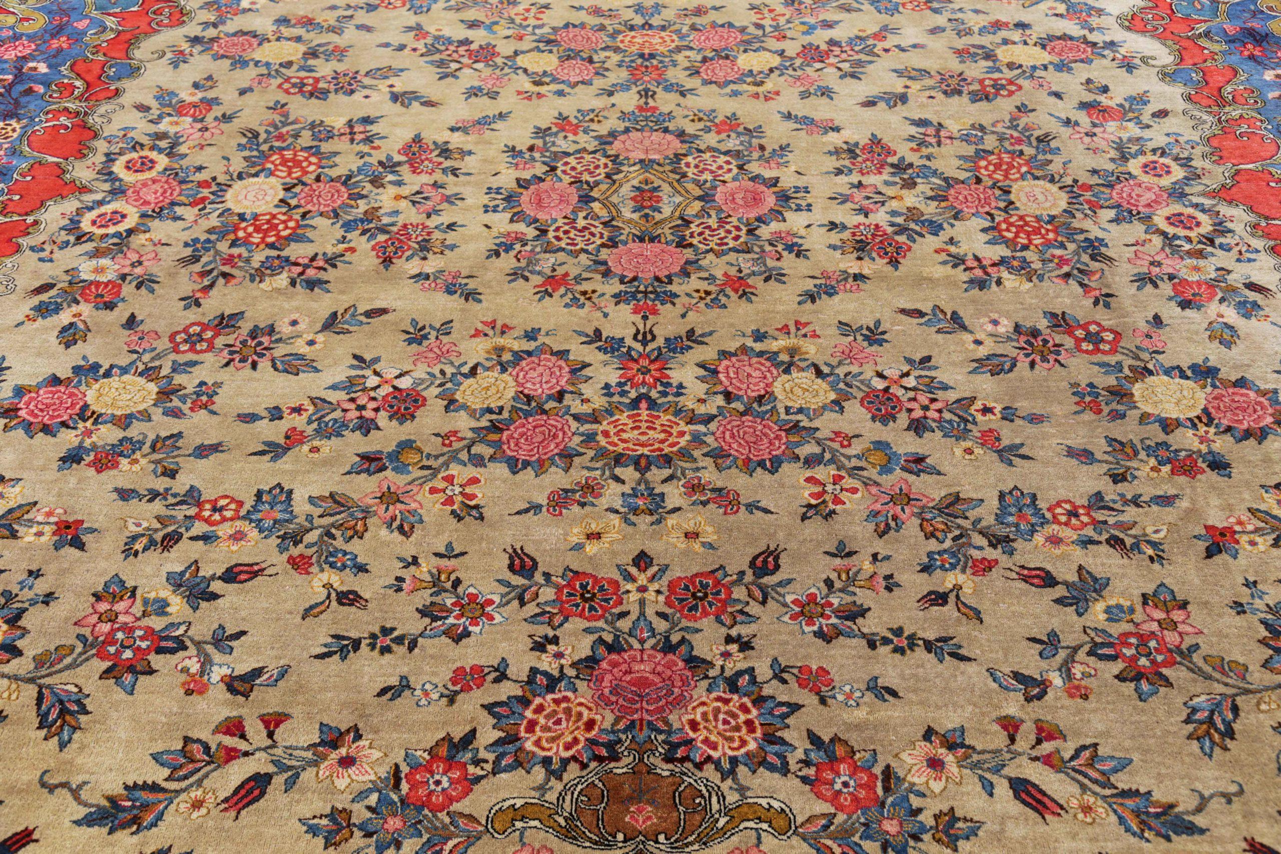Persische Kashan-Teppiche Circa 1940 - Wolle Blau Elfenbein Rot Design - 91410 (Asiatisch) im Angebot