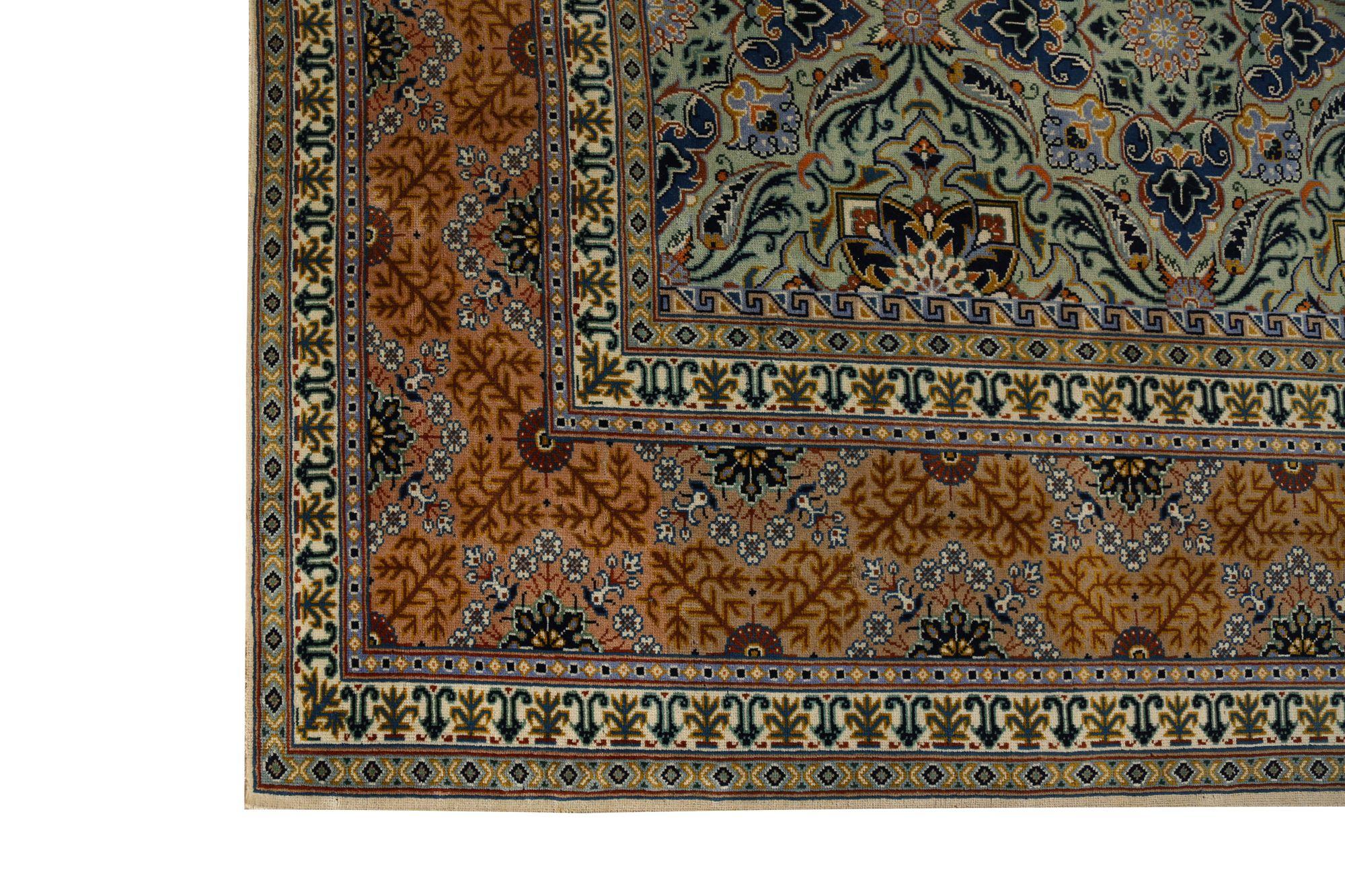 Tappeti persiani Kashan - Lana Verde Avorio Arancione - 97197 In condizioni ottime in vendita a Dallas, TX
