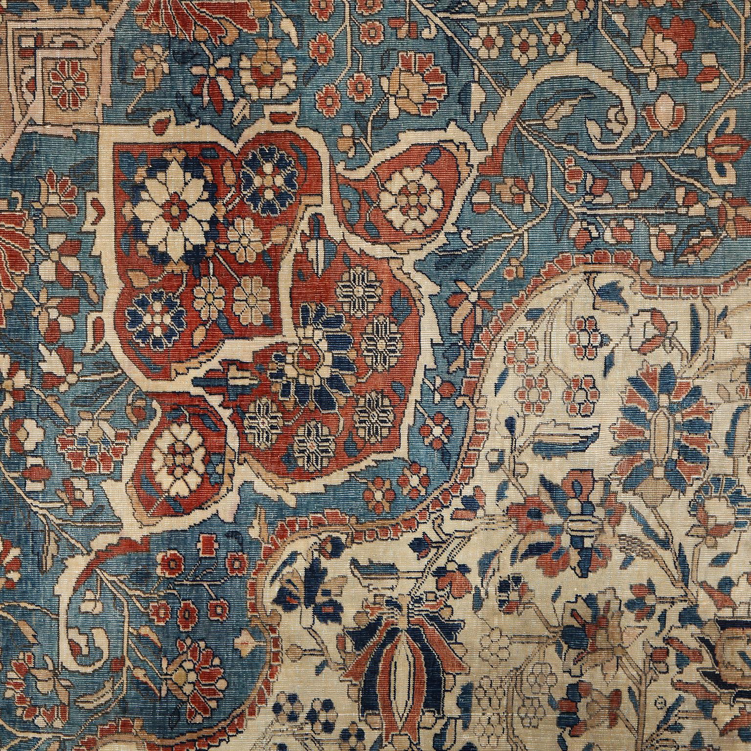 Vegetable Dyed Hand-knotted Antique 1870s Wool Persian Kashan Mohtasham Rug, 9' x 12' For Sale