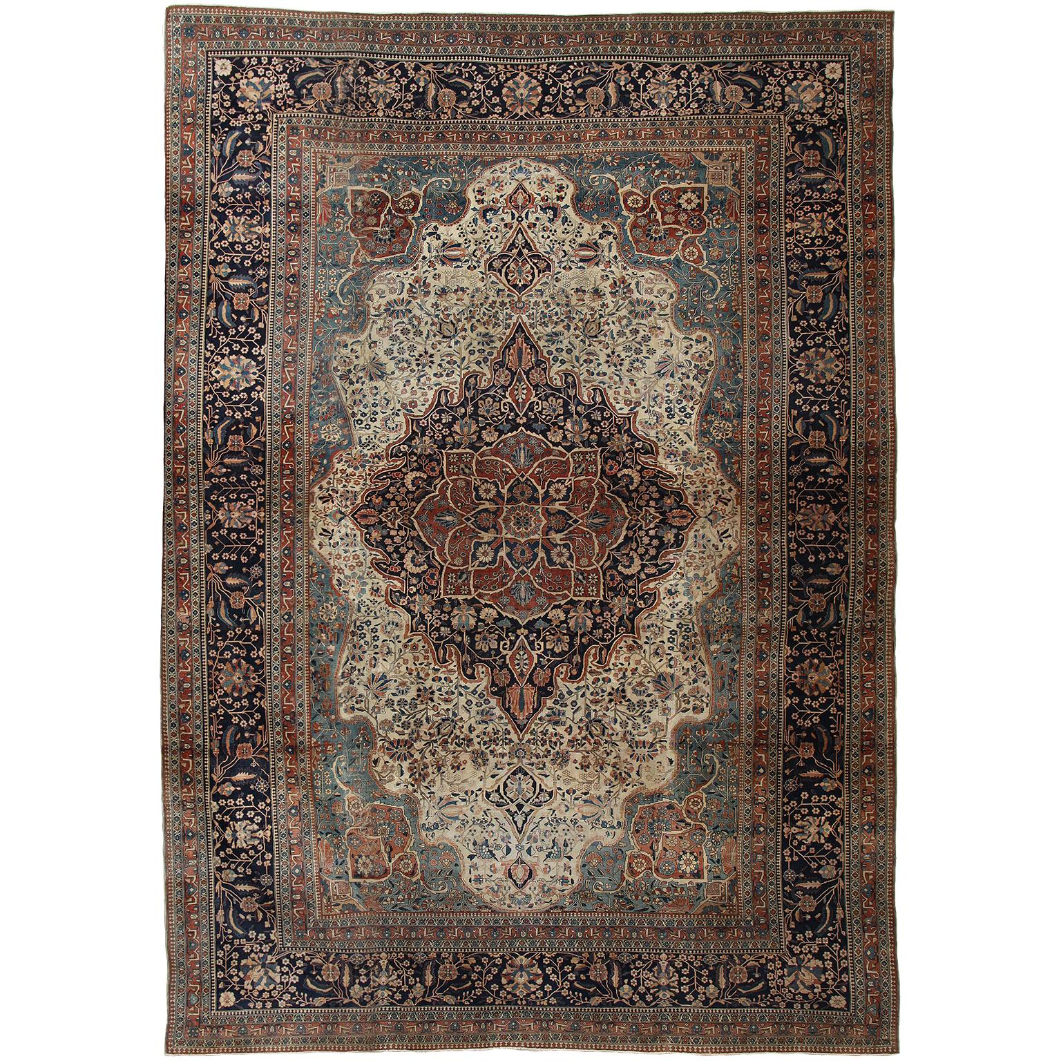 This wool Persian Kashan Mohtasham carpet circa 1870 is exceptionally fine and in excellent antique condition. It consists of a cotton warp and thread, hand-knotted wool pile and natural vegetable dyes. Its intricate medallion, field and border are