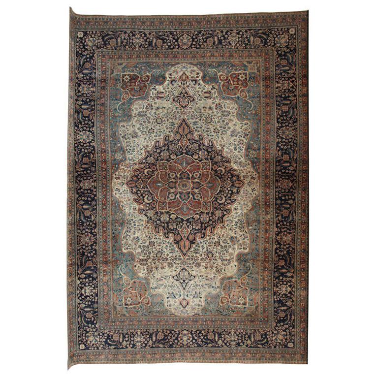 Hand-knotted Antique 1870s Wool Persian Kashan Mohtasham Rug, 9' x 12' For Sale