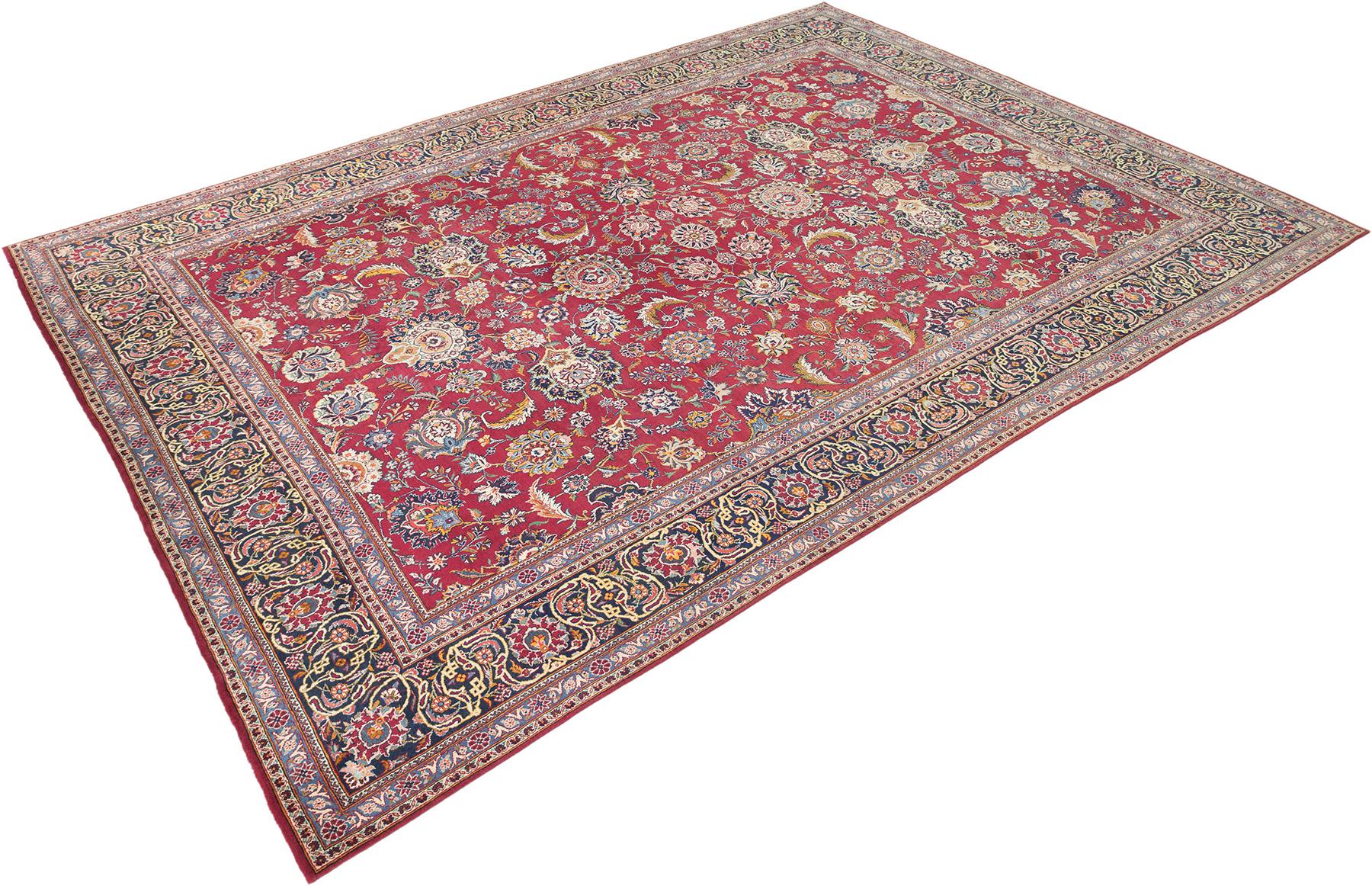 Persian Kashan Rug, Hand Knotted, 12.4 × 8.9 ft – Red, Ivory and Blue (Persisch) im Angebot