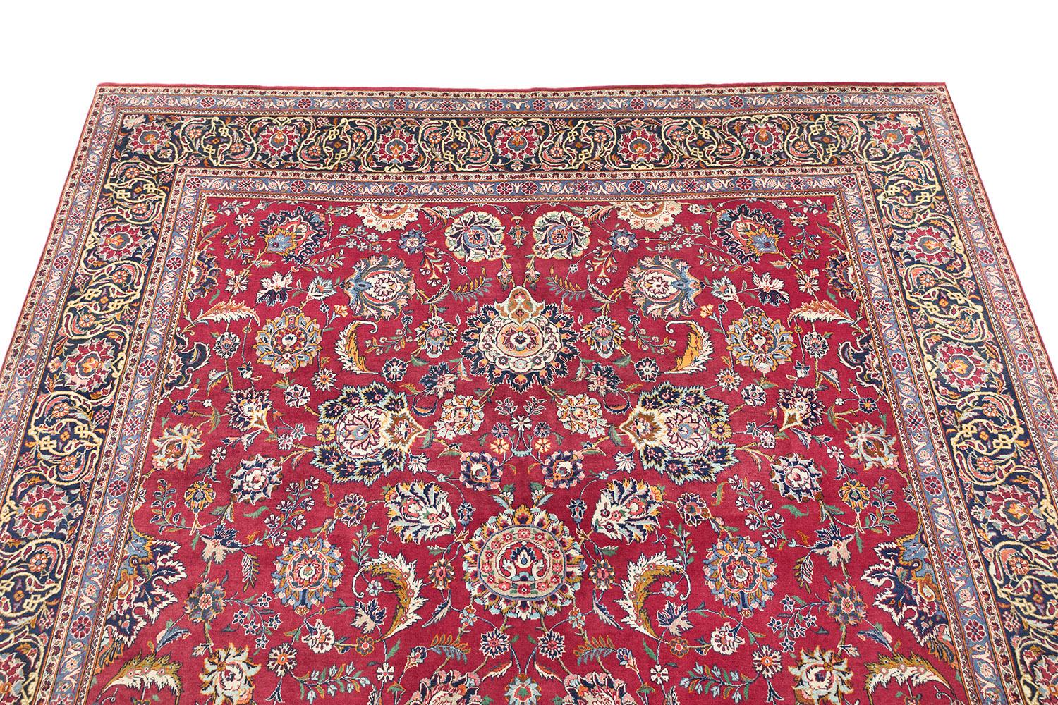 Persian Kashan Rug, Hand Knotted, 12.4 × 8.9 ft – Red, Ivory and Blue (Handgeknüpft) im Angebot