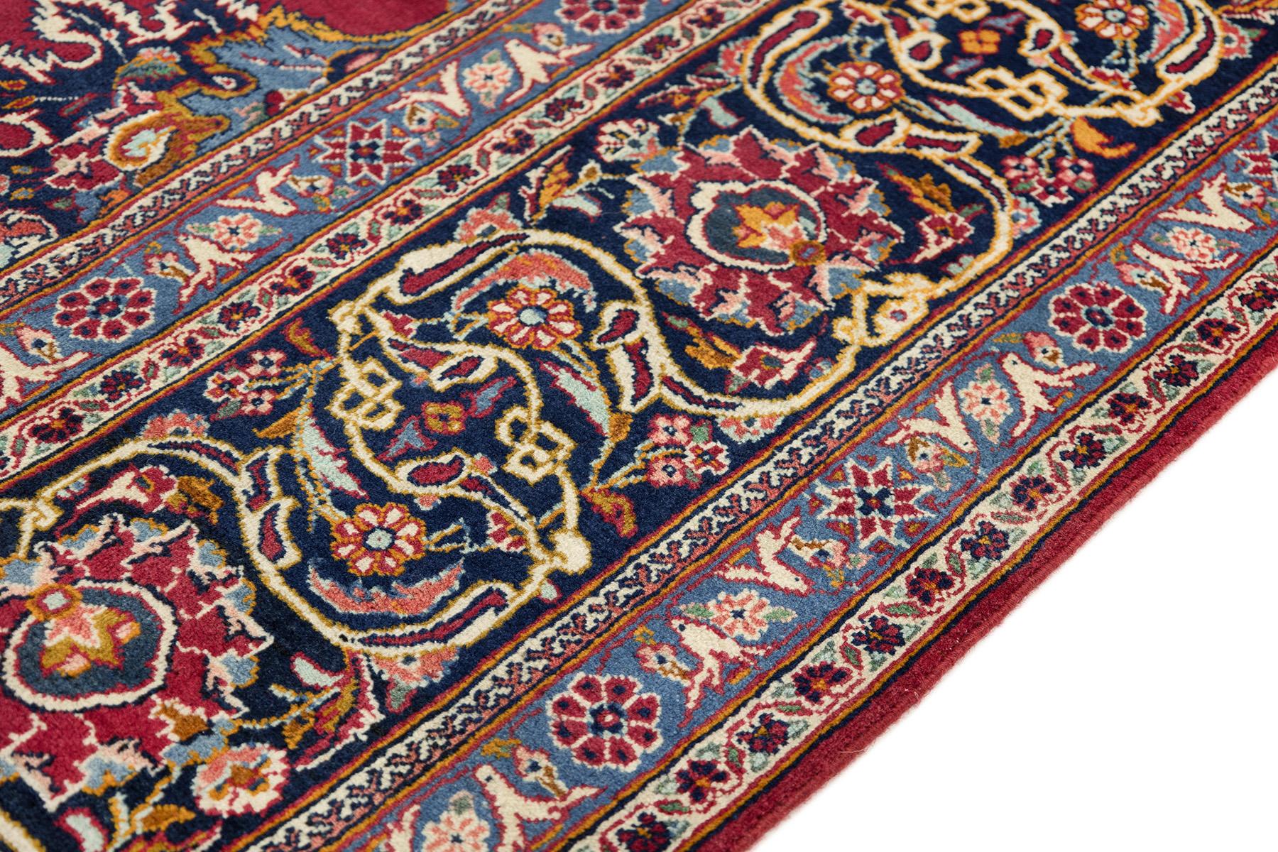 Persian Kashan Rug, Hand Knotted, 12.4 × 8.9 ft – Red, Ivory and Blue (Mitte des 20. Jahrhunderts) im Angebot