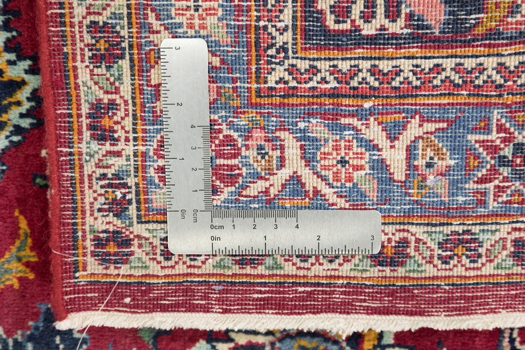 Persian Kashan Rug, Hand Knotted, 12.4 × 8.9 ft – Red, Ivory and Blue im Angebot 1