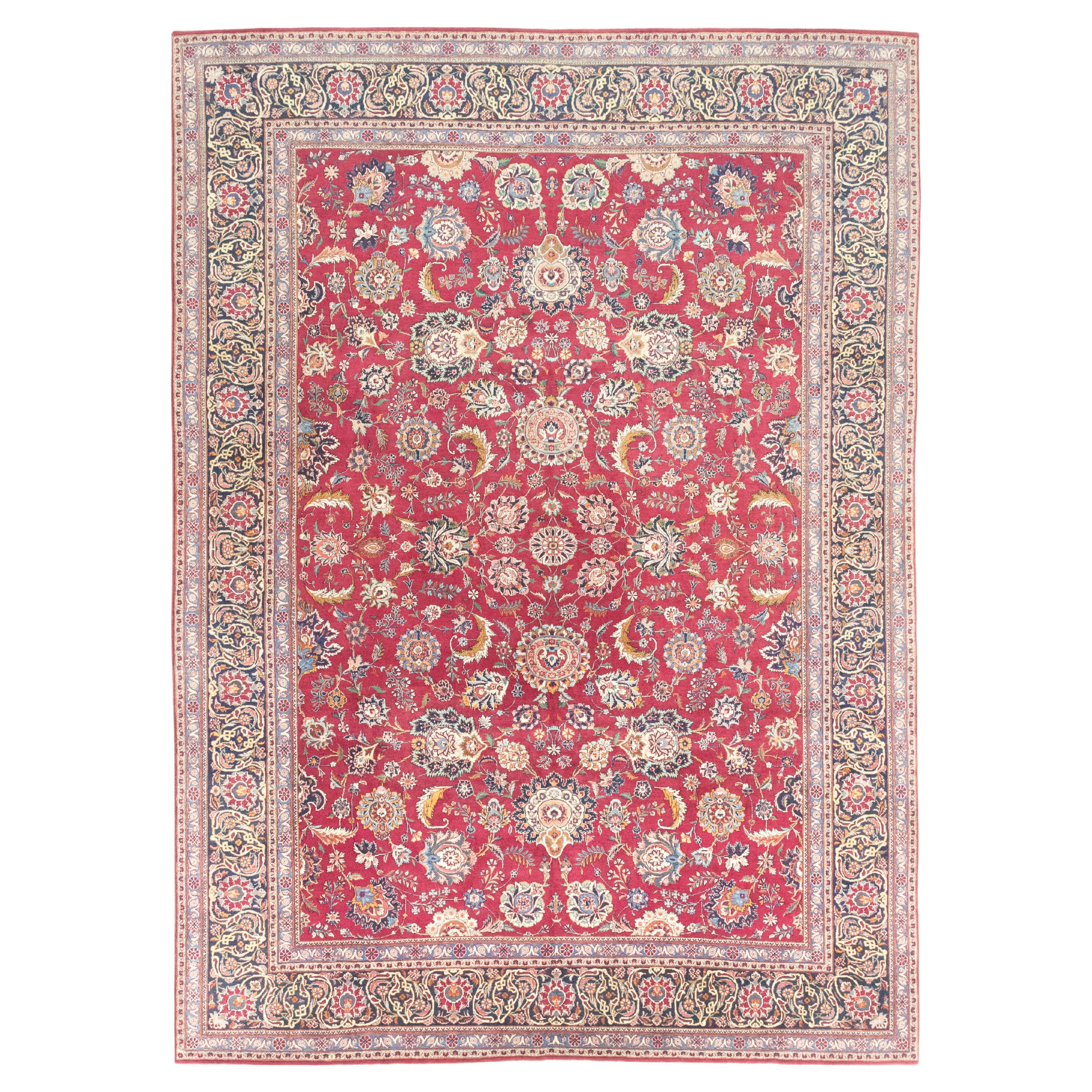 Persian Kashan Rug, Hand Knotted, 12.4 × 8.9 ft – Red, Ivory and Blue