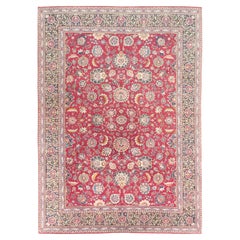 Persian Kashan Rug, Hand Knotted, 12.4 × 8.9 ft – Red, Ivory and Blue
