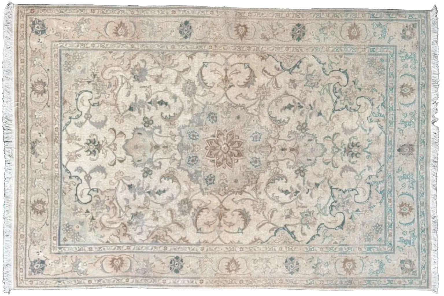 Alfombra Persa Kashan Pequeña Circa 1990 - Lana Azul Marfil Rosa 70722 Tejido a mano en venta