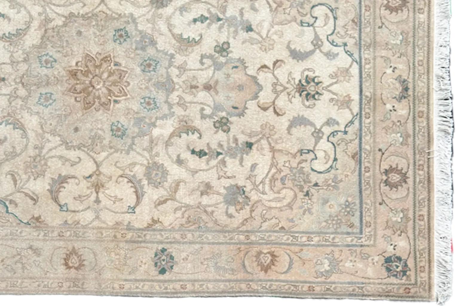 Alfombra Persa Kashan Pequeña Circa 1990 - Lana Azul Marfil Rosa 70722 en venta 1