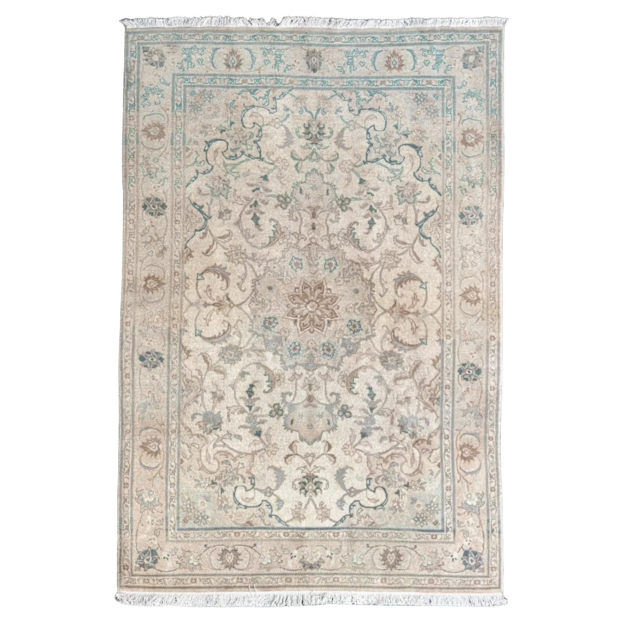 Petit tapis persan Kashan vers 1990 - Laine bleu ivoire rose 70722