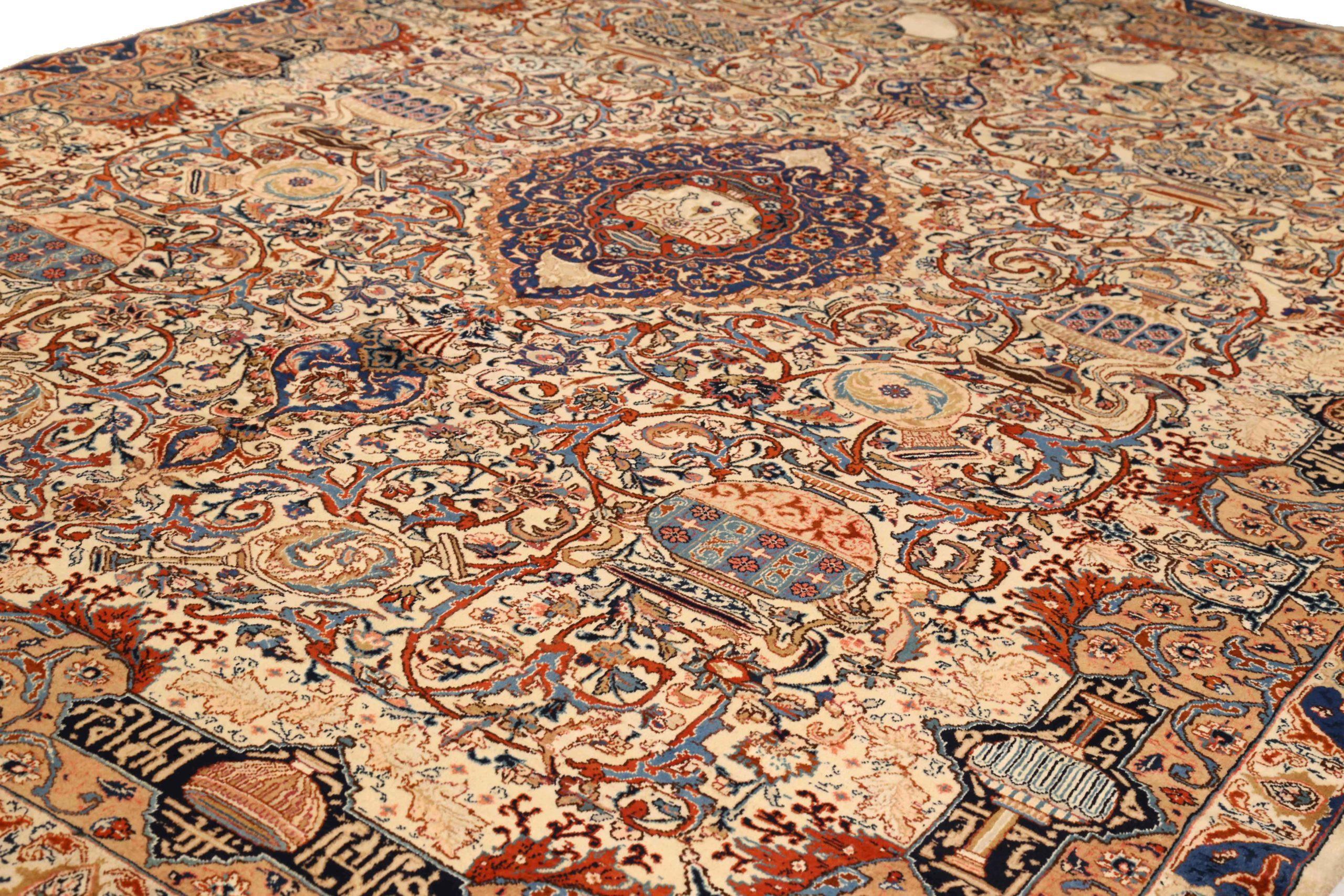 Asian Persian Kashmir Area Rugs - Wool Blue Ivory Red Design - 75339 For Sale