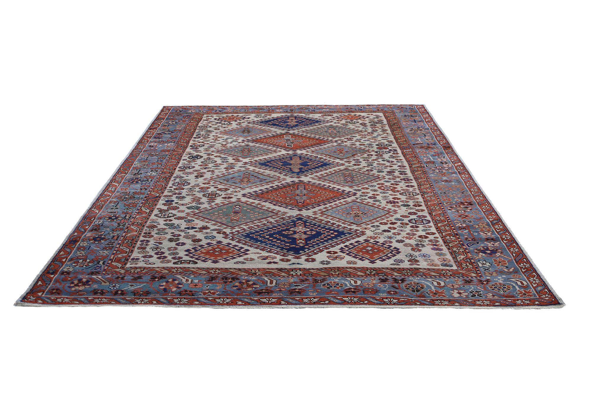 Persische Kazak-Teppiche - Wolle Blau Elfenbein Design - 96679 (20. Jahrhundert) im Angebot