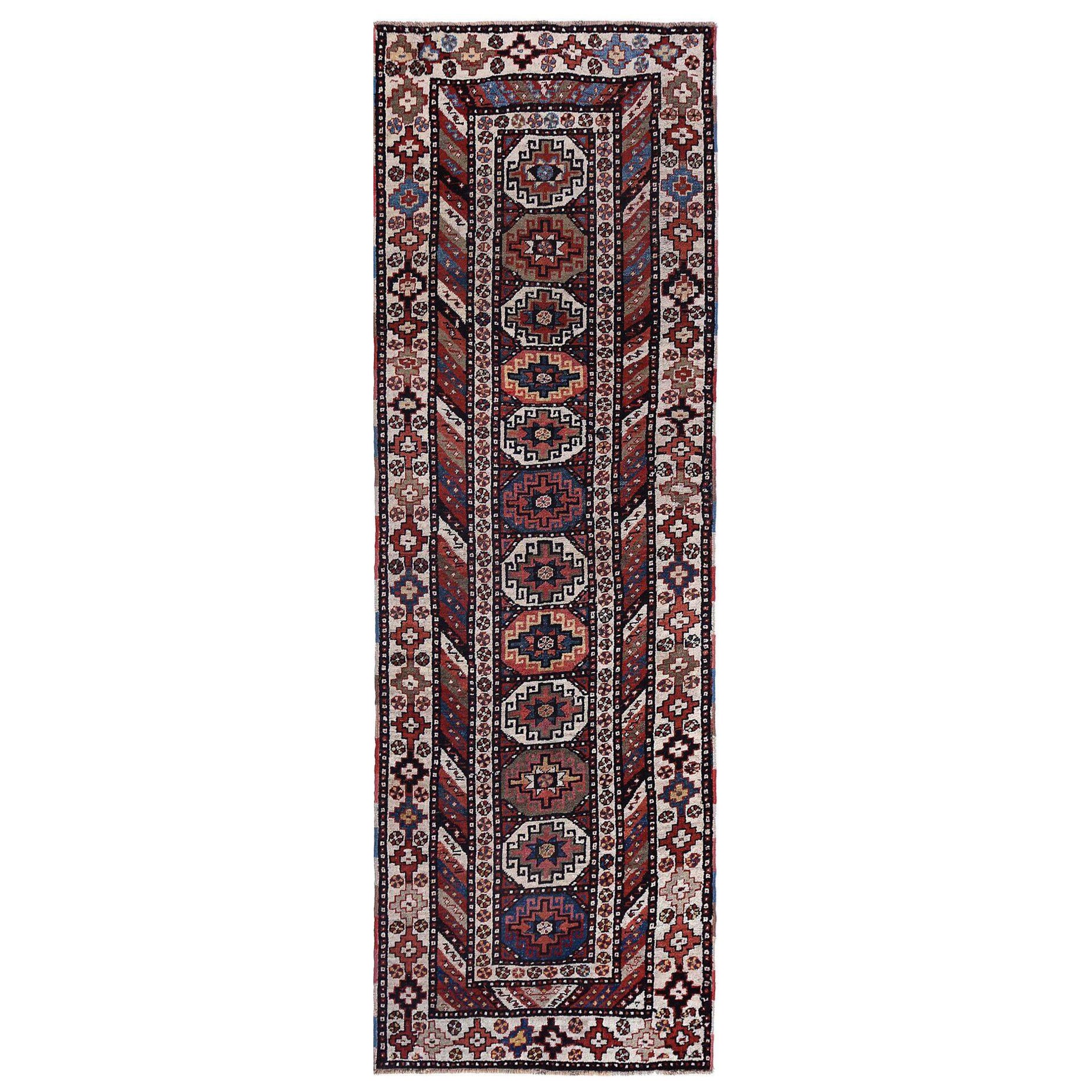 Tapis de couloir persan Kazak - Motif rouge ivoire en laine - 97112