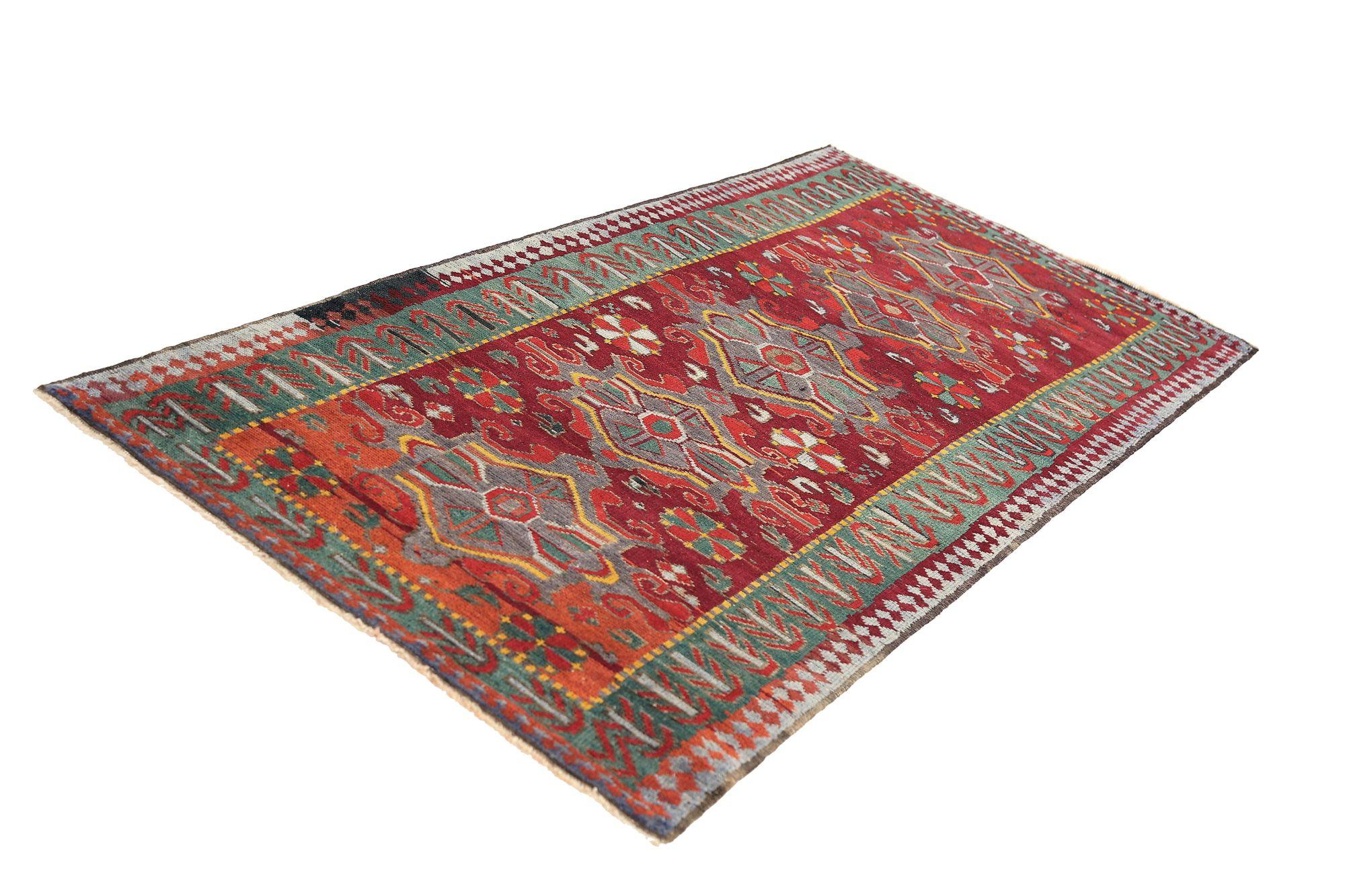 Persischer Kazak Kleiner Teppich - Wolle Grün Rot Gelb Design - 97081 im Zustand „Hervorragend“ im Angebot in Dallas, TX