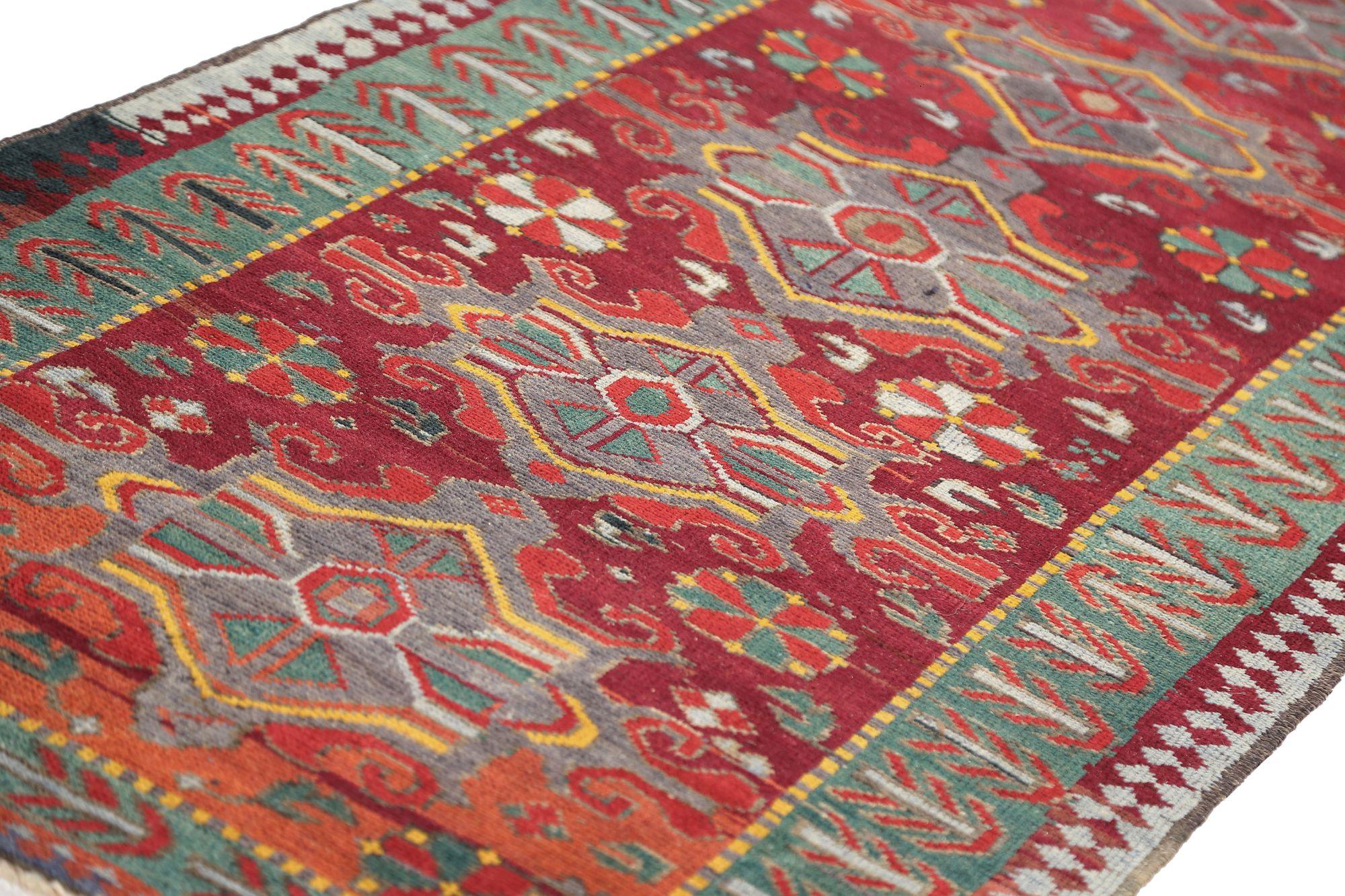 Persischer Kazak Kleiner Teppich - Wolle Grün Rot Gelb Design - 97081 (20. Jahrhundert) im Angebot
