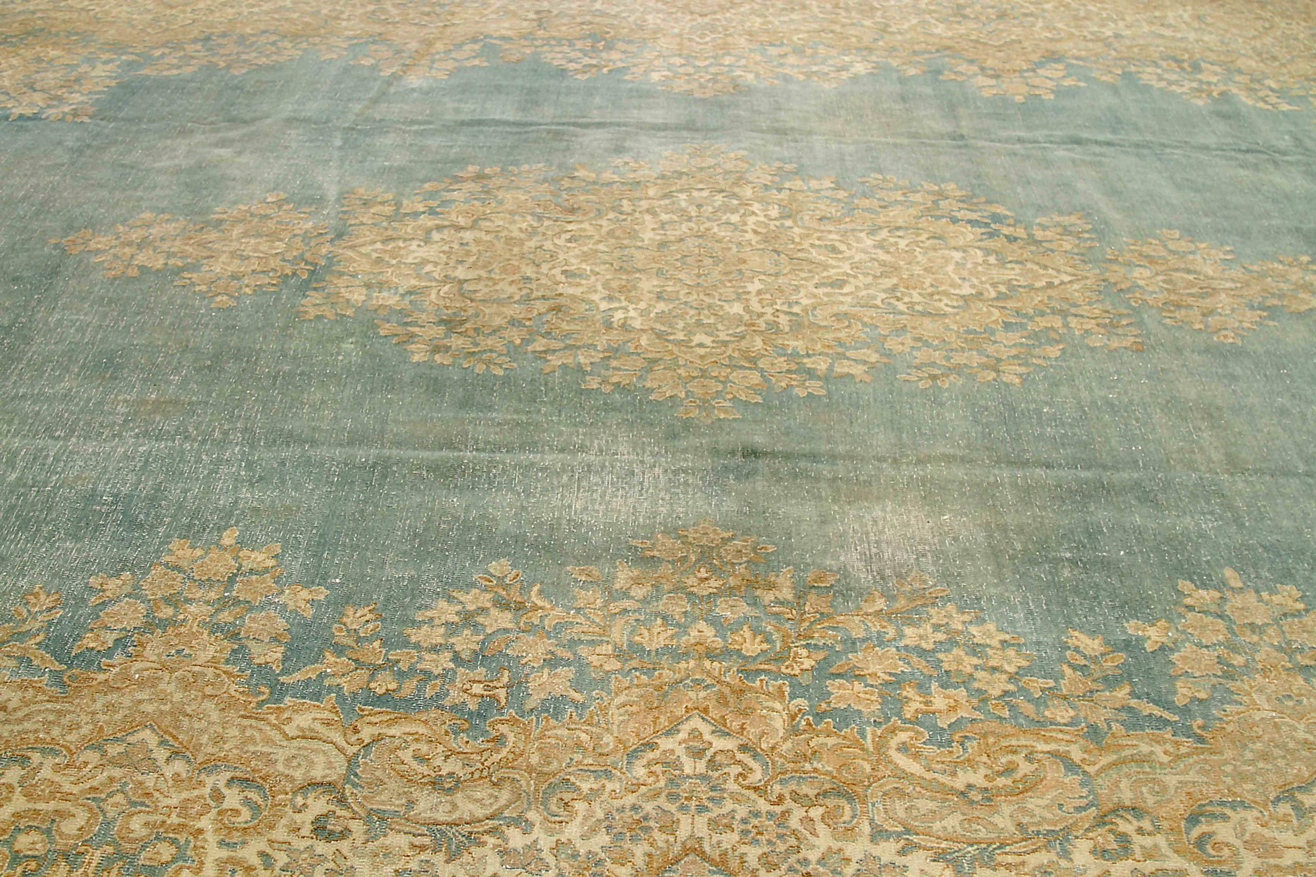 Persische Kerman Bereich Teppiche CIRCA 1880 - Wolle Blau Elfenbein Gelb Design - 89988 im Zustand „Hervorragend“ im Angebot in Dallas, TX