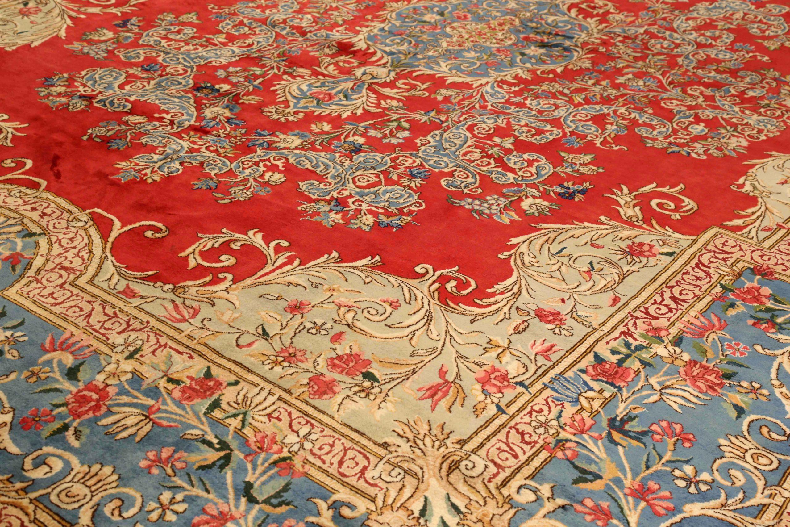 Persische Kerman-Teppiche Circa 1910 - Wolle Blau Elfenbein Rot Design - 75296 (Asiatisch) im Angebot