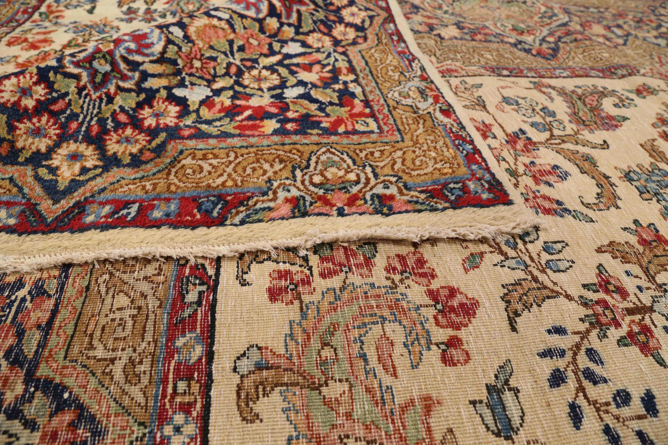 Tappeti persiani Kerman Circa 1940 - Lana Blu Avorio Rosso 72235 In condizioni ottime in vendita a Dallas, TX