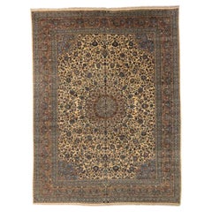 Tapis persans Kerman datant d'environ 1940, motif en laine bleu ivoire rouge - 75228