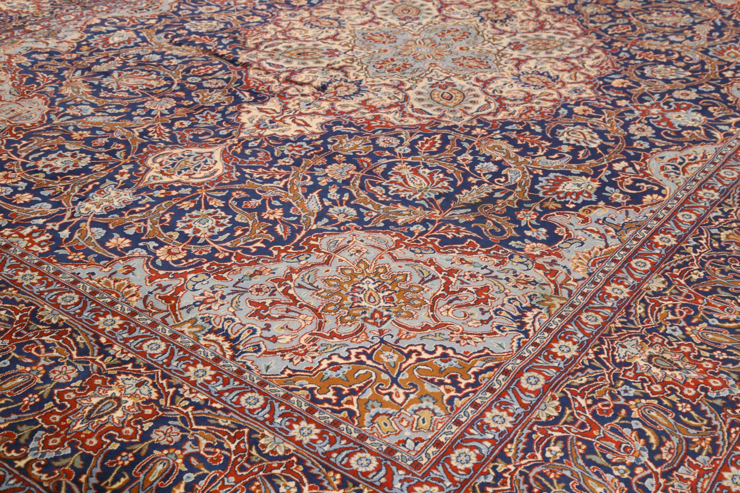 Asiatique Tapis persans Kerman vers 1940 - Laine bleu ivoire bleu marine bleu 72471 en vente