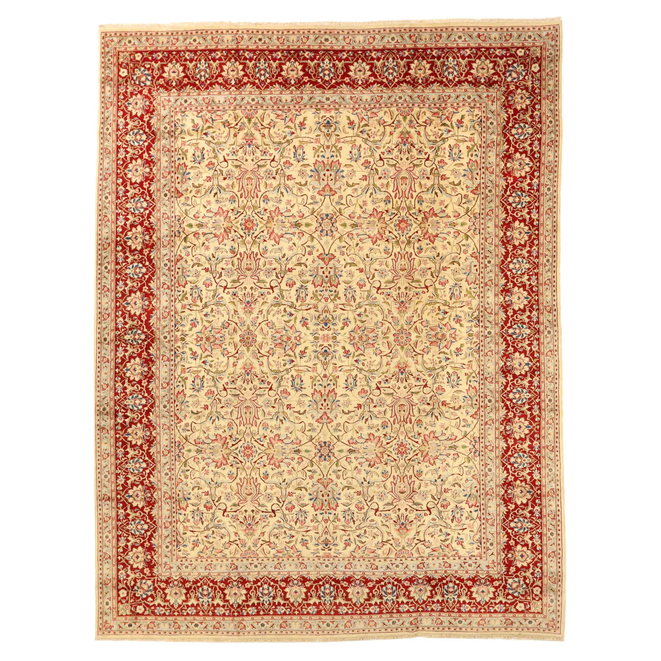 Tapis persans Kerman datant d'environ 1940, motif en laine vert ivoire rouge - 75594