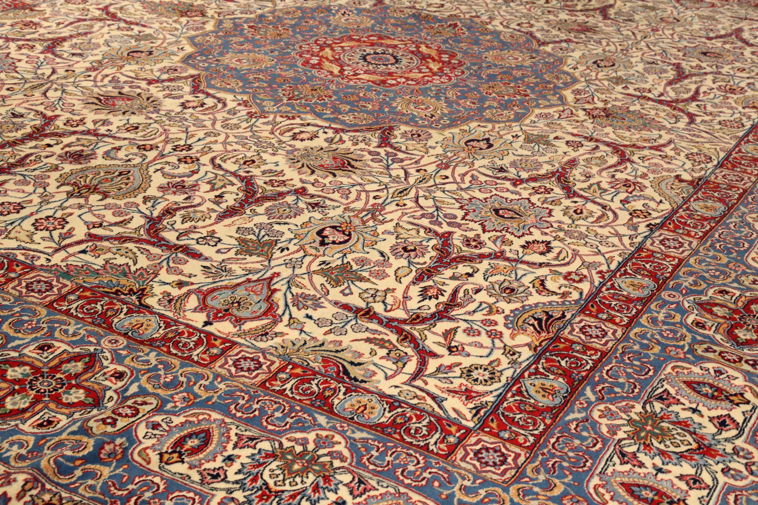 Persischer Kerman Over Size-Teppich Circa 1910 - Wolle Blau Elfenbein Rot Design - 75417 (Asiatisch) im Angebot
