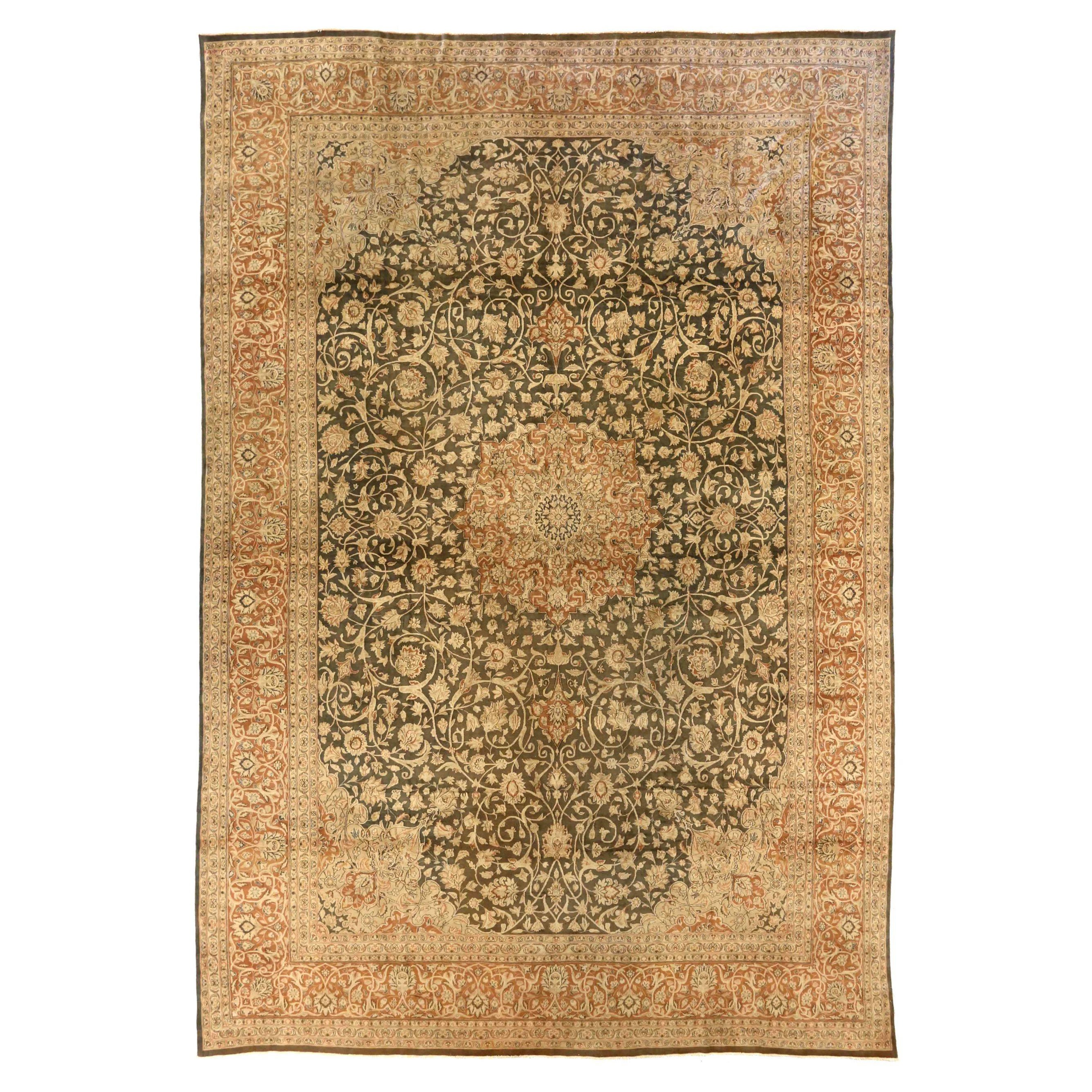 Persian Kerman Over Size Rug Circa 1910 - Wool Brown Ivory Pink Design - 75574 For Sale