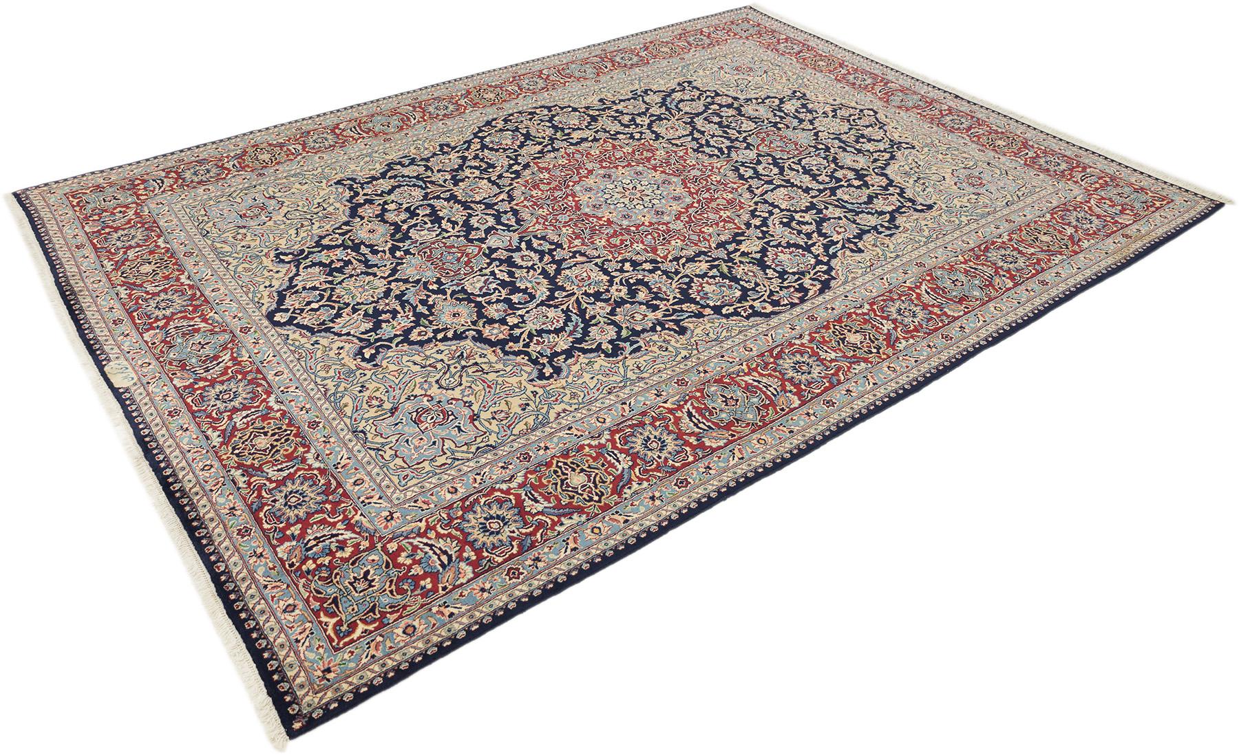 Tappeto persiano Kerman, annodato a mano, 12,5 × 9,3 piedi - Navy, rosso e avorio In condizioni ottime in vendita a North Bergen, NJ