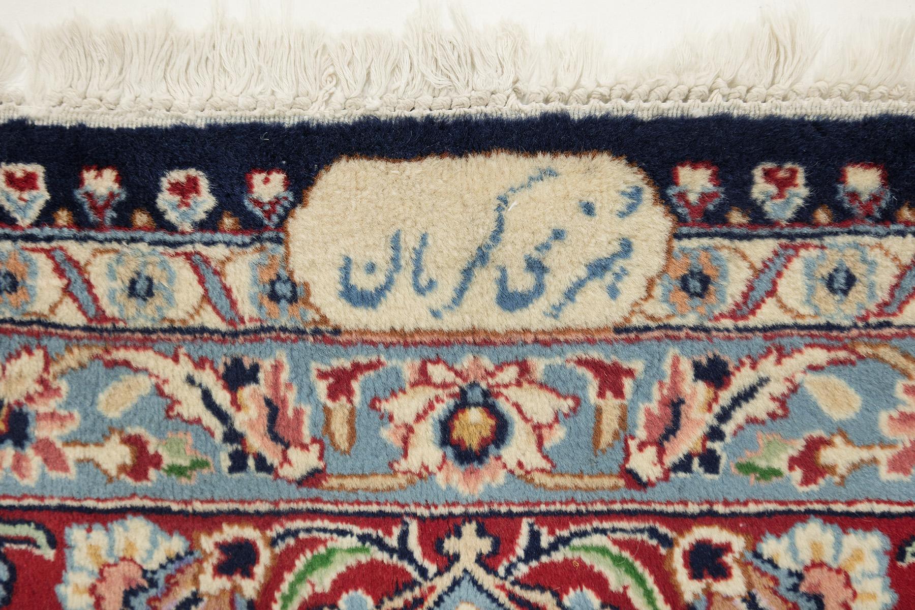 Lana Tappeto persiano Kerman, annodato a mano, 12,5 × 9,3 piedi - Navy, rosso e avorio in vendita