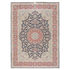 Persian Kerman Rug, Hand Knotted, 12.5 × 9.3 ft – Navy, Red and Ivory