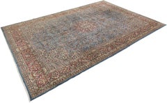 Persian Kerman Rug, Hand-Knotted, 14.6x9.8 – Light Blue, Red & Ivory