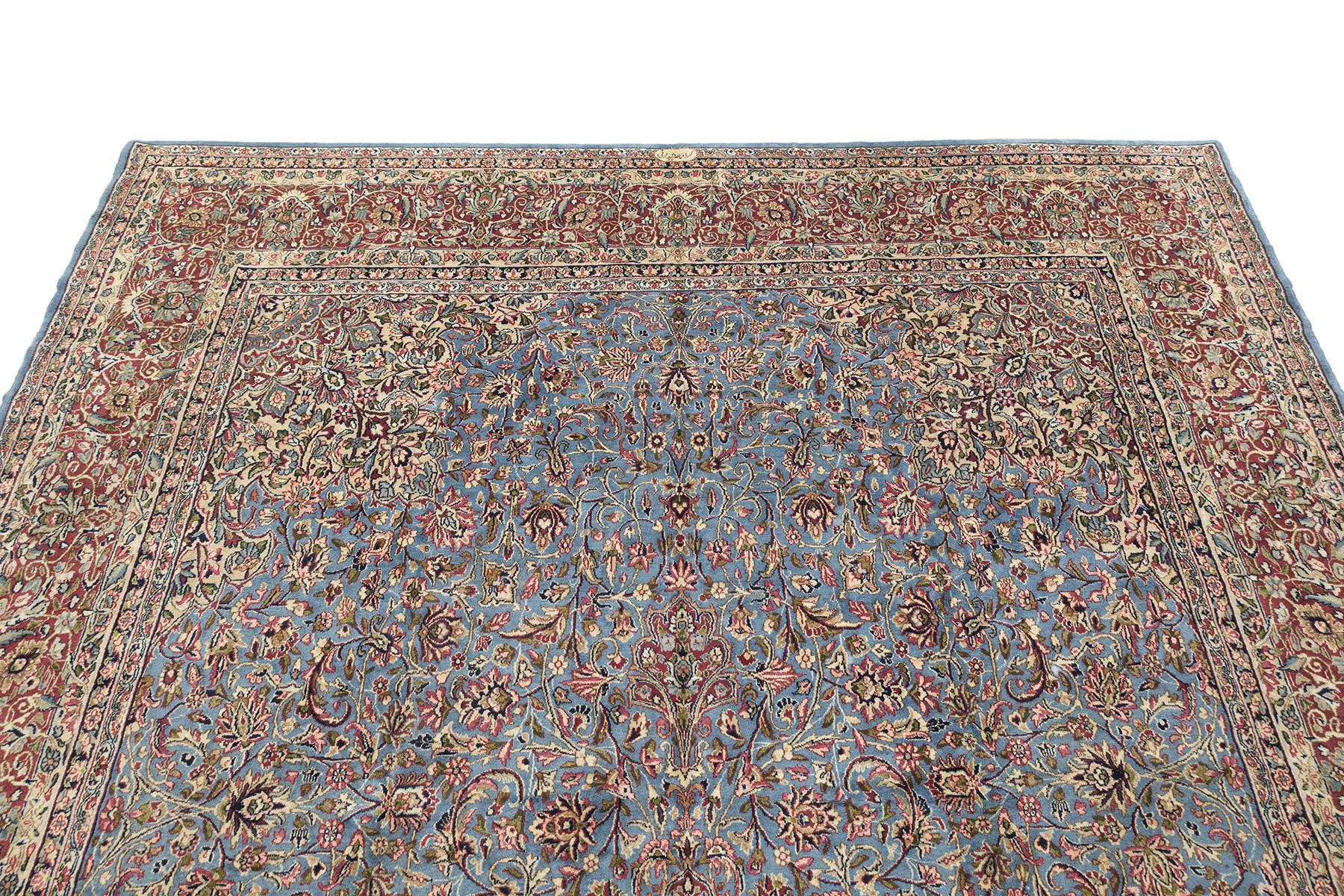Persischer Kerman Teppich, handgeknüpft, 14.6x9.8 - Hellblau, Rot & Elfenbein im Zustand „Hervorragend��“ im Angebot in North Bergen, NJ