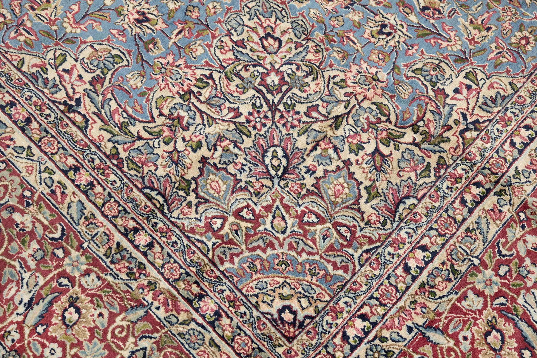 Persischer Kerman Teppich, handgeknüpft, 14.6x9.8 - Hellblau, Rot & Elfenbein im Angebot 3