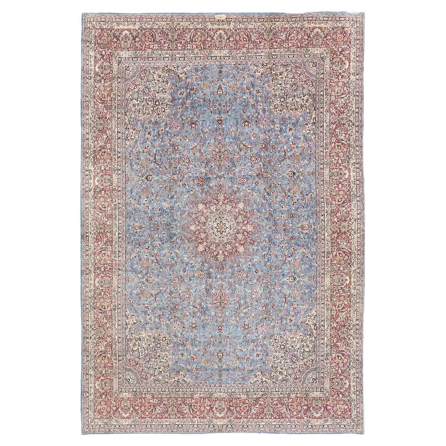 Persischer Kerman Teppich, handgeknüpft, 14.6x9.8 - Hellblau, Rot & Elfenbein im Angebot