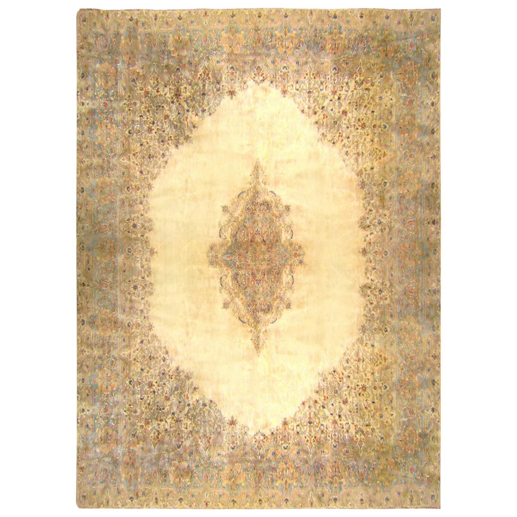 Persian Kerman Rug, in Large Size, with Open Ivory Field and Small Medallion