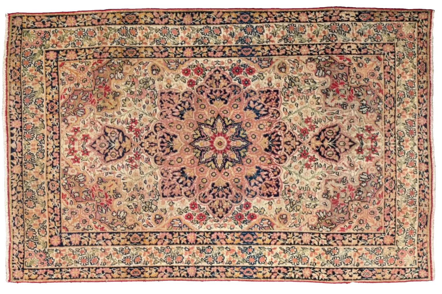 Alfombra Persa Kerman Pequeña Circa 1940 - Lana Marfil Rosa 73075 Tribal en venta