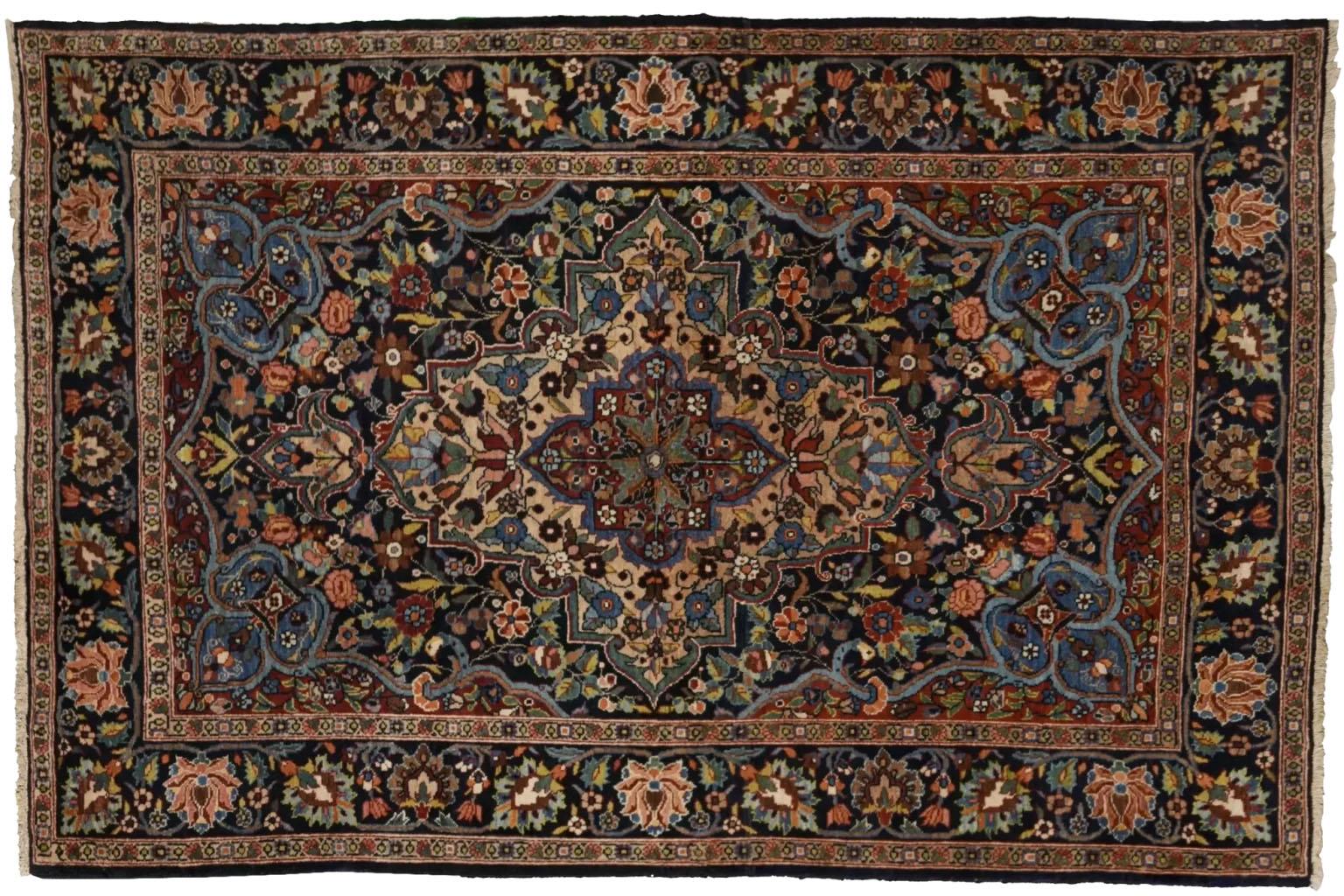 Tribal Persian Kermanshah Small Rug Circa 1910 - Blue Ivory Navy Blue Red For Sale