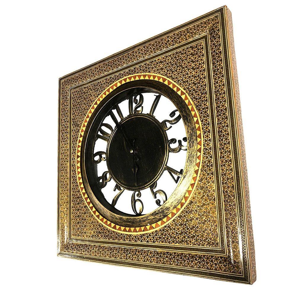 Persian Khatam Kari Marquetry Inlaid Mosaic Square Wood Wall Clock In Excellent Condition For Sale In Van Nuys, CA